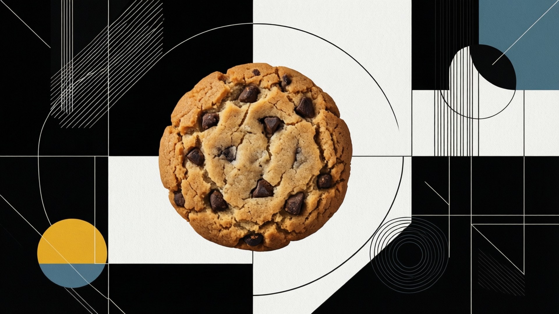 Geometric Cookie 壁紙 — 一塊金黃色的巧克力餅乾，置於由黑色、白色和藍綠色組成的醒目幾何背景上，帶有抽象線條和圓圈。