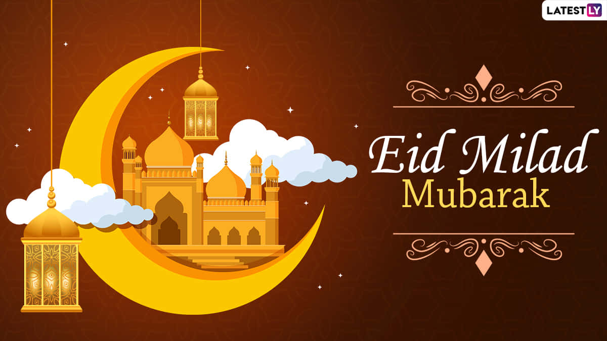 Prophet Muhammad's Birthday 桌布 壁紙 — 金色新月懷抱著清真寺和燈籠，背景是溫暖的棕色天空，點綴著星星和雲朵。