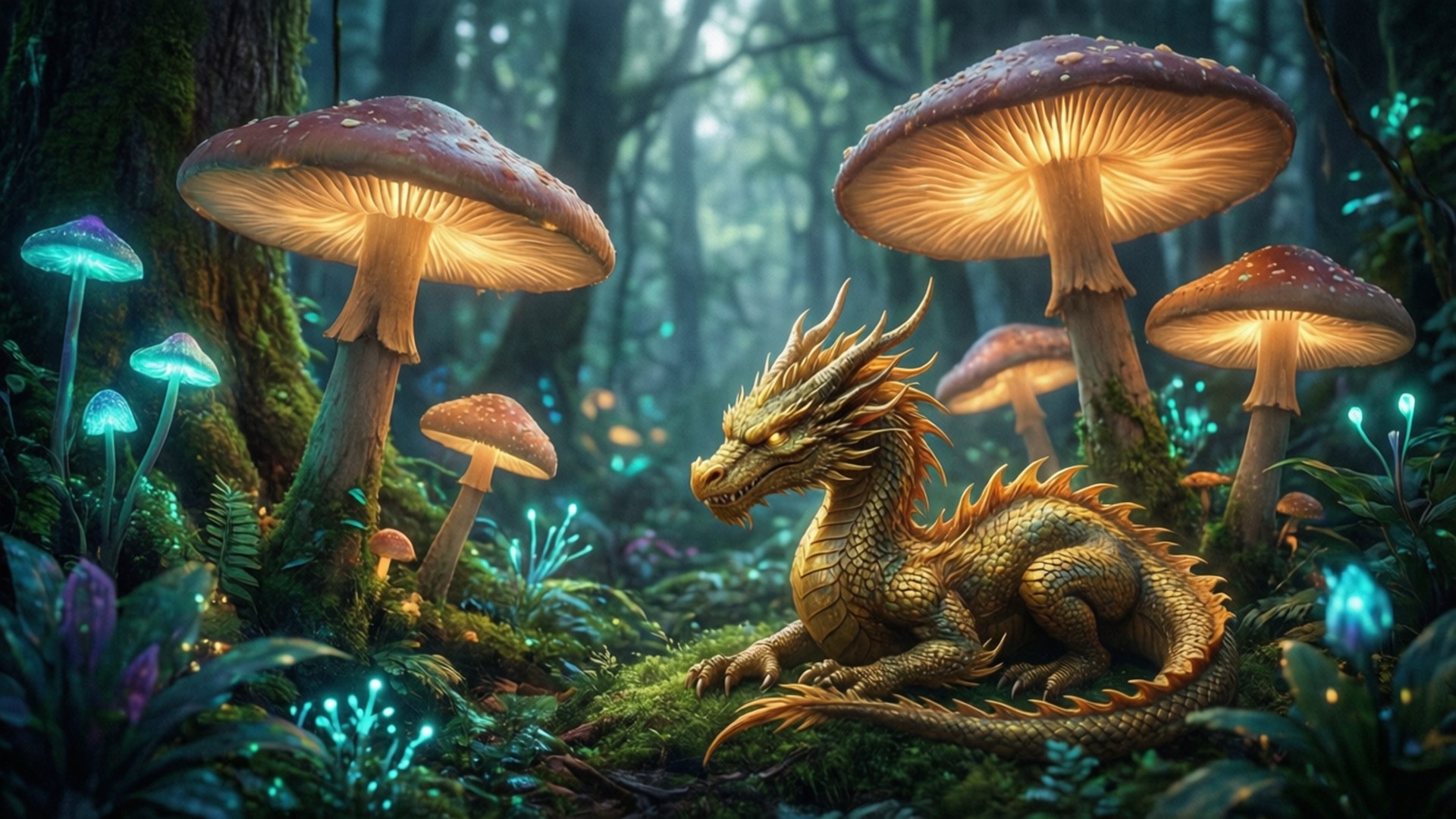 Dragon in the Woods 壁紙 — 一條金龍在神秘的森林中，於巨大的發光蘑菇之間平靜地休息，森林沐浴在柔和的藍色和琥珀色光線中。