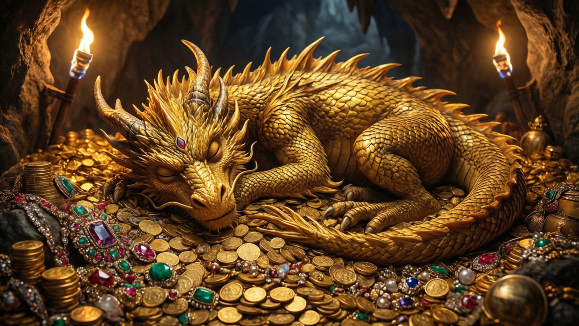 Sleeping Dragon's Hoard 壁紙 — 一條金龍在火炬照亮的昏暗洞穴中，安詳地睡在金幣和珠寶堆上。