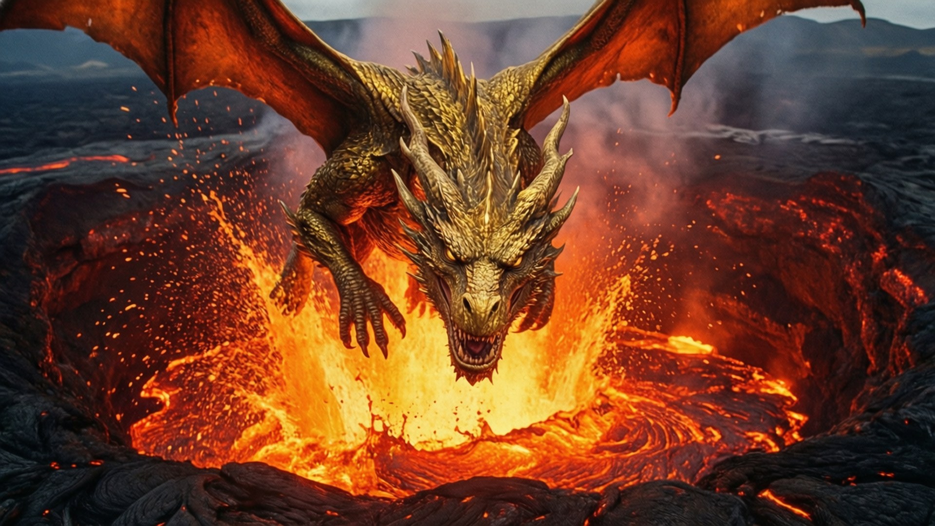 Volcanic Dragon Dive 壁紙 — 一隻金色鱗片、展翅的龍從噴出熔岩的熾熱火山口出現。