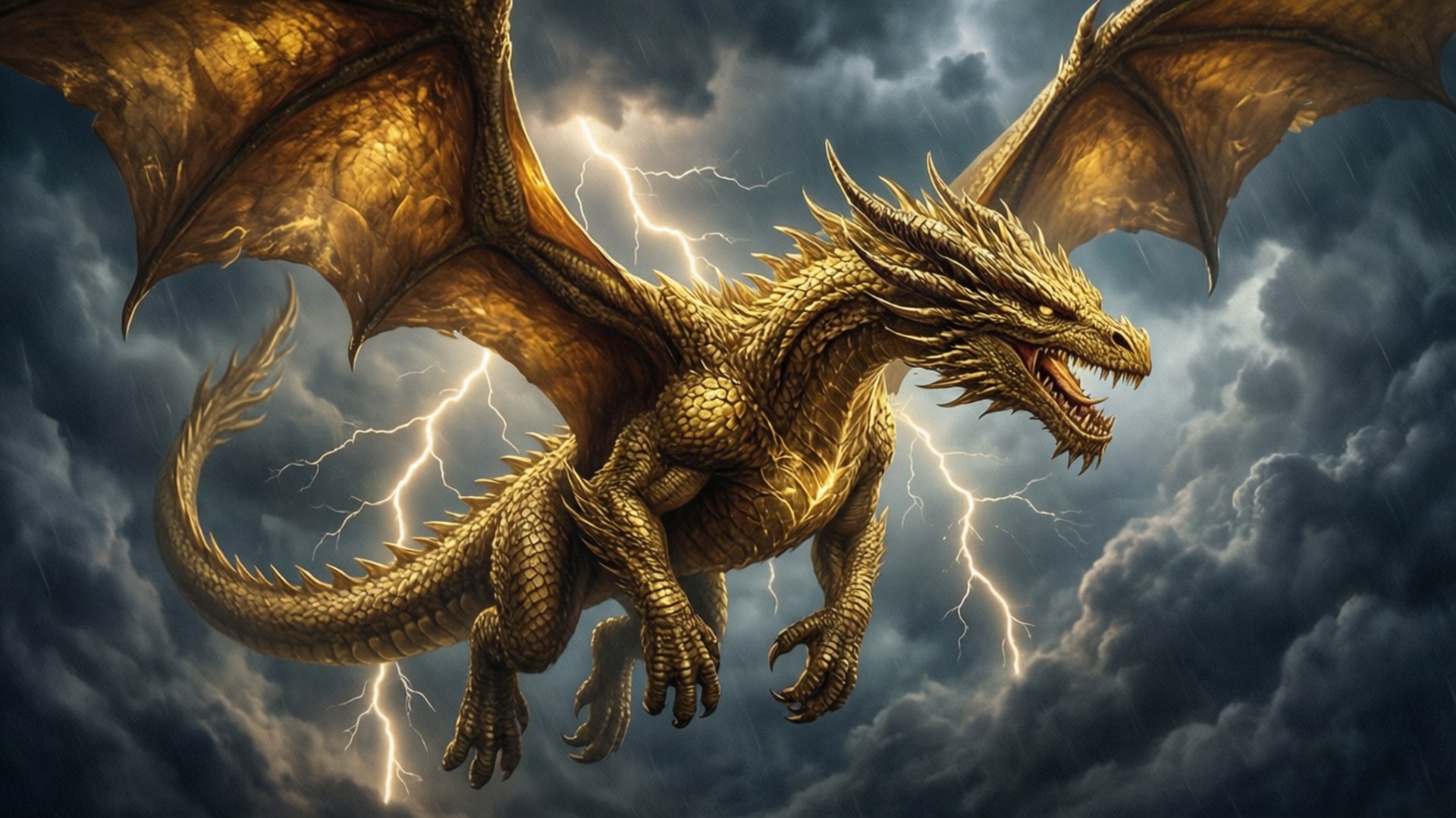 Stormbringer Golden Dragon 壁紙 — 一隻金色鱗片的龍展開翅膀，在閃電照亮風暴的天空中翱翔。