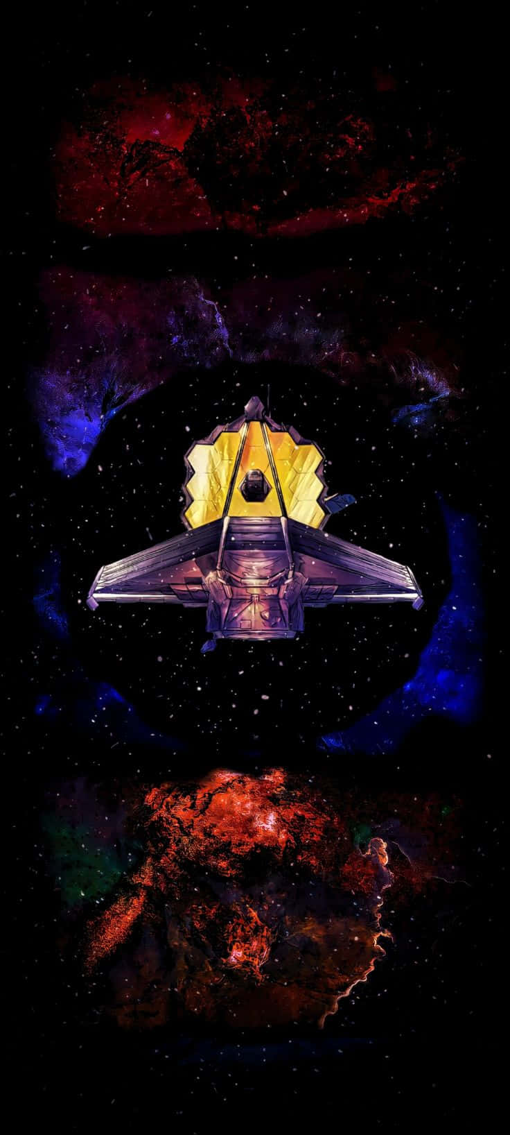  壁紙 — 一個金色太空望遠鏡漂浮在充滿活力的宇宙星雲中，星雲在繁星點點的虛空中發出紅、藍、紫色的光芒。