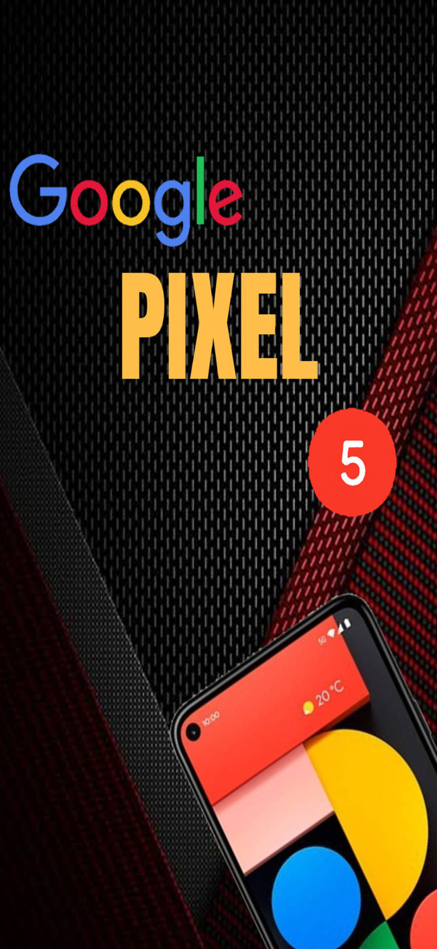 Google Pixel 5 智慧型手機放置在黑色和紅色紋理背景上。 — Google 壁紙