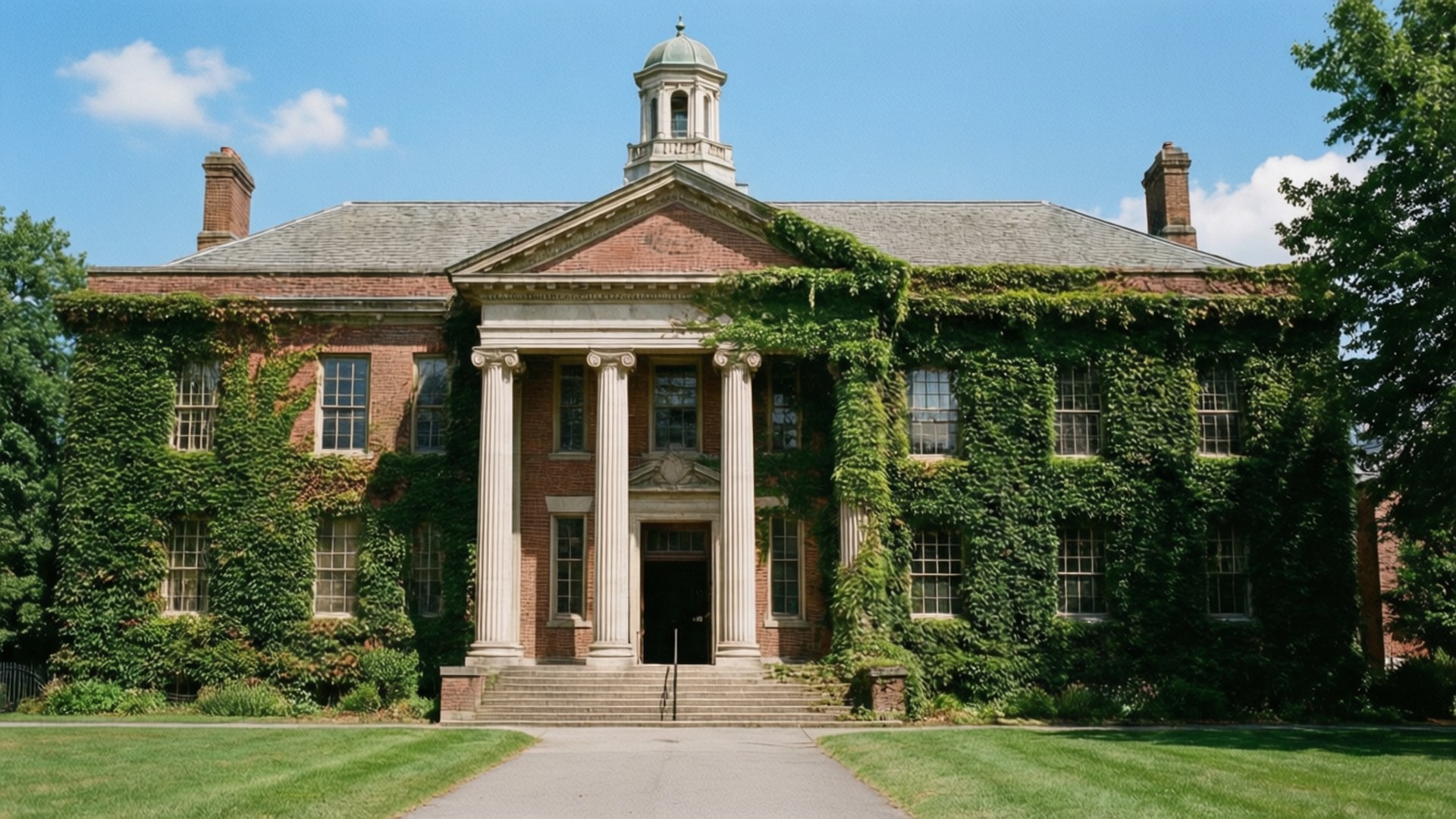 Ivy-covered School Building 壁紙 — 一座宏偉的磚砌建築，帶有白色柱子和常春藤覆蓋的牆壁，矗立在晴朗的藍天下，一條鋪砌的小路通向其入口。
