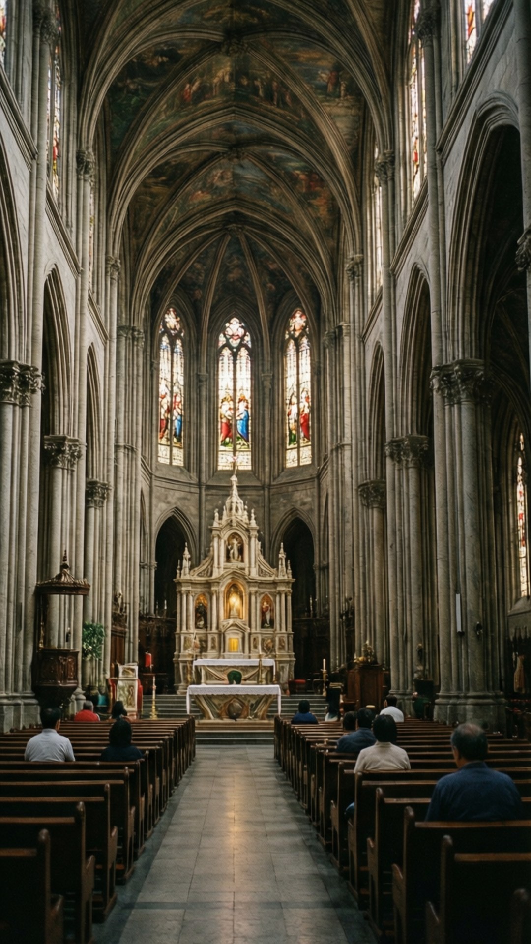 Cathedral Interior 壁紙 — 宏偉的大教堂內部，高聳的石拱門、彩色玻璃窗，信徒坐在木製長椅上，面向華麗的祭壇。