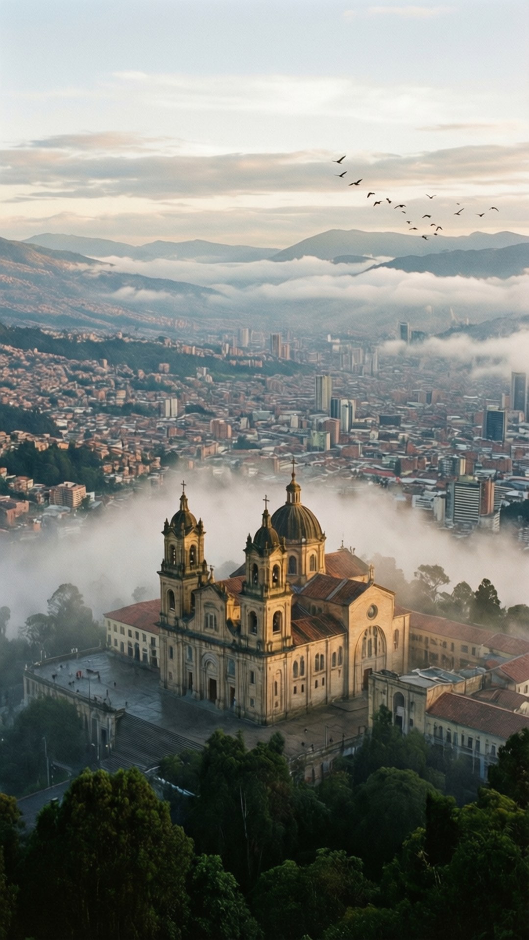 Monserrate Morning Mist 壁紙 — 一座擁有雙圓頂的大教堂聳立於霧氣瀰漫的山谷城市景觀之上，鳥兒在頭頂飛翔。