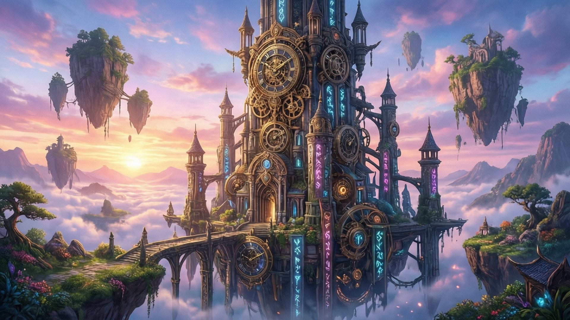 Ar Tonelico 桌布 壁紙 — 一座宏偉的發條城堡在日落時分漂浮在霧雲之上，周圍環繞著浮島和發光的符文。