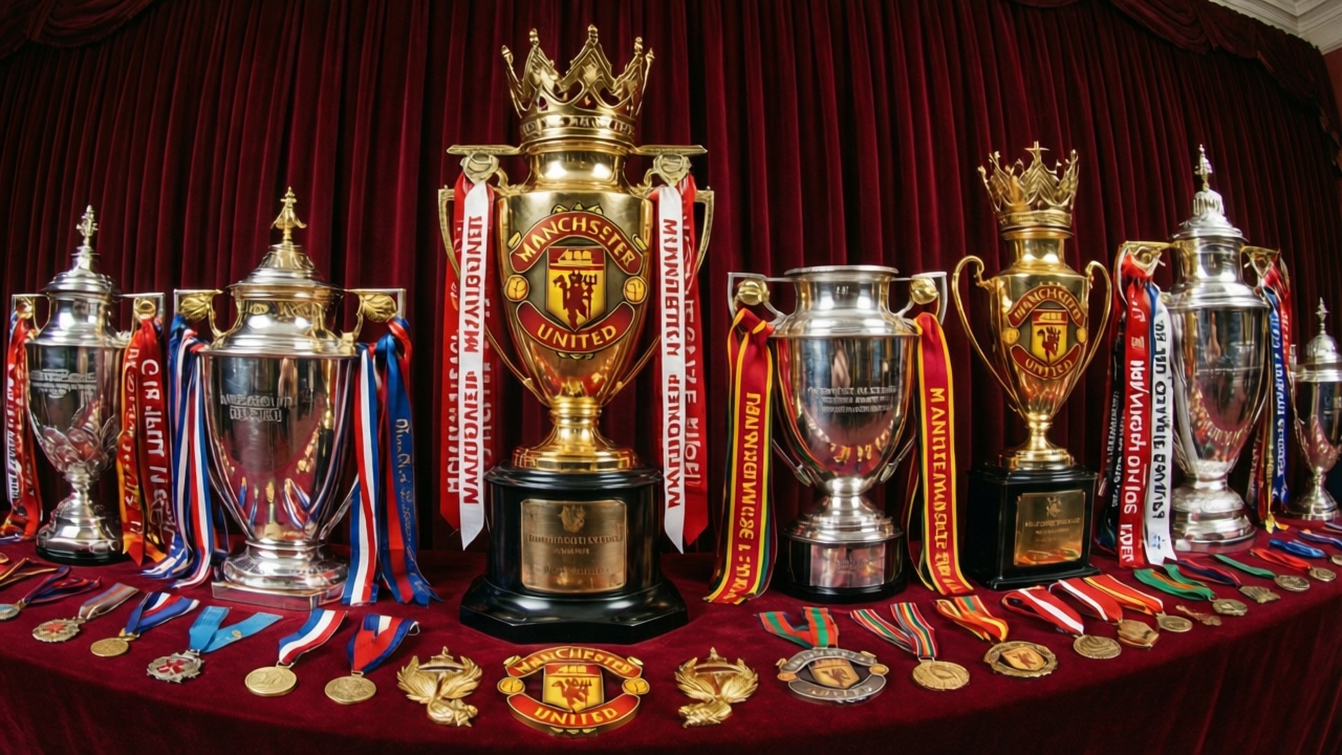 Trophy Room Glory 壁紙 — 曼聯獎盃和獎牌盛大展示在紅色天鵝絨桌布上，背景是相配的窗簾。