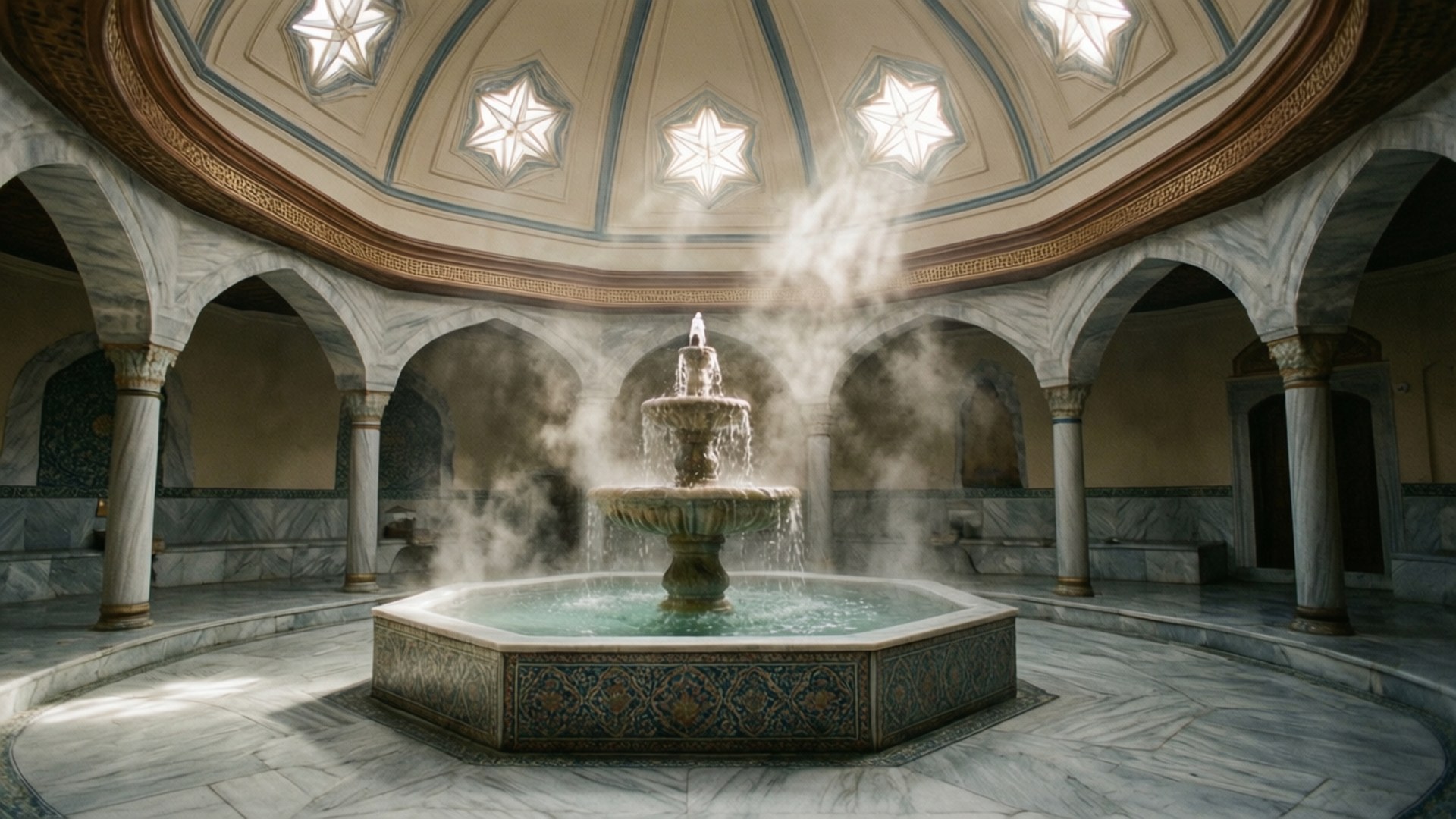 Classic Hamam Serenity 壁紙 — 一個宏偉的圓頂浴室，配有星光天窗，照亮了中央冒著蒸汽的噴泉，周圍環繞著大理石拱門和柱子。