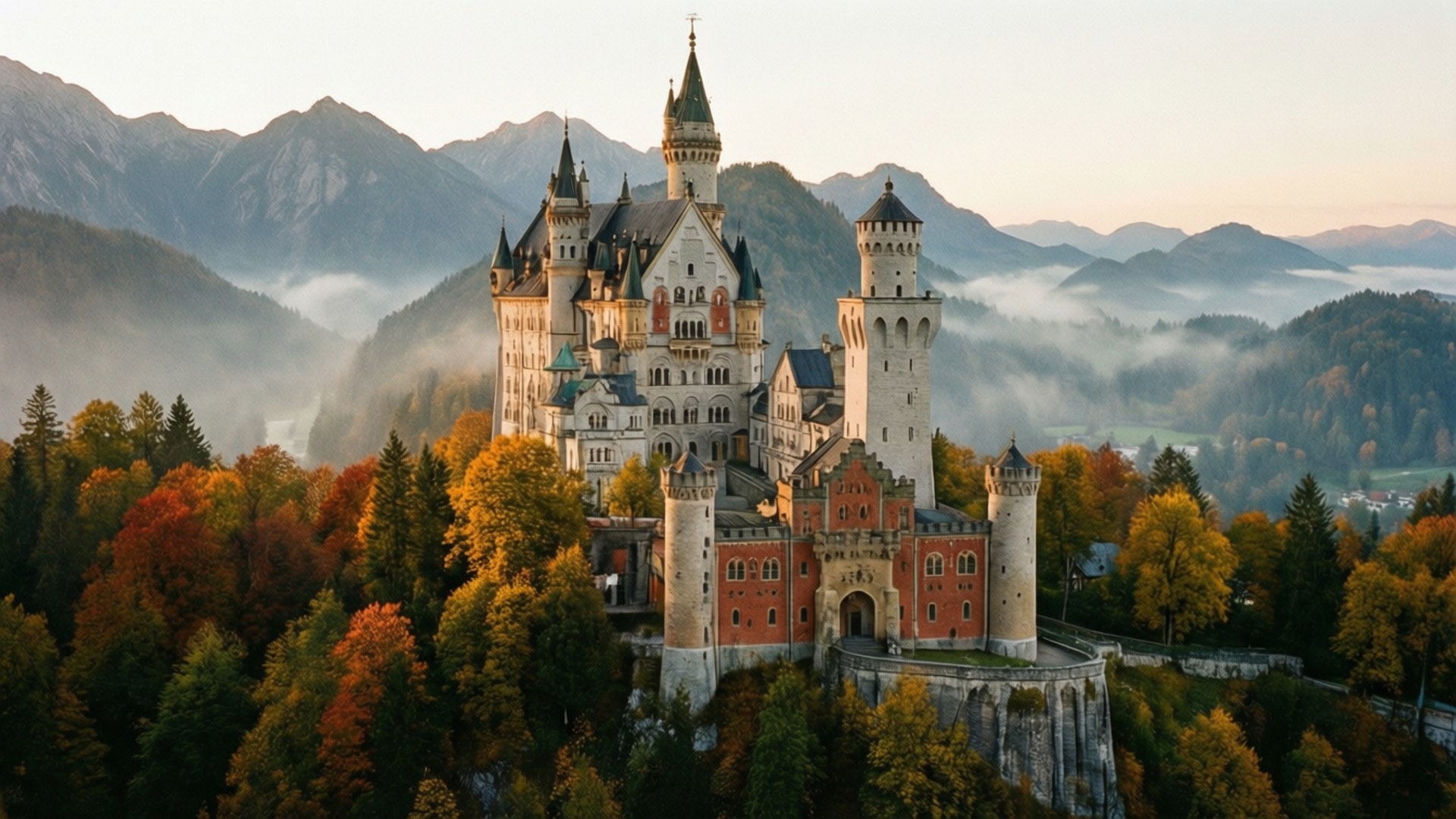 Fairy-Tale Castle Autumn 壁紙 — 一座宏偉的童話城堡棲息在懸崖頂上，周圍環繞著秋日森林和霧氣繚繞的山脈，日出時分。