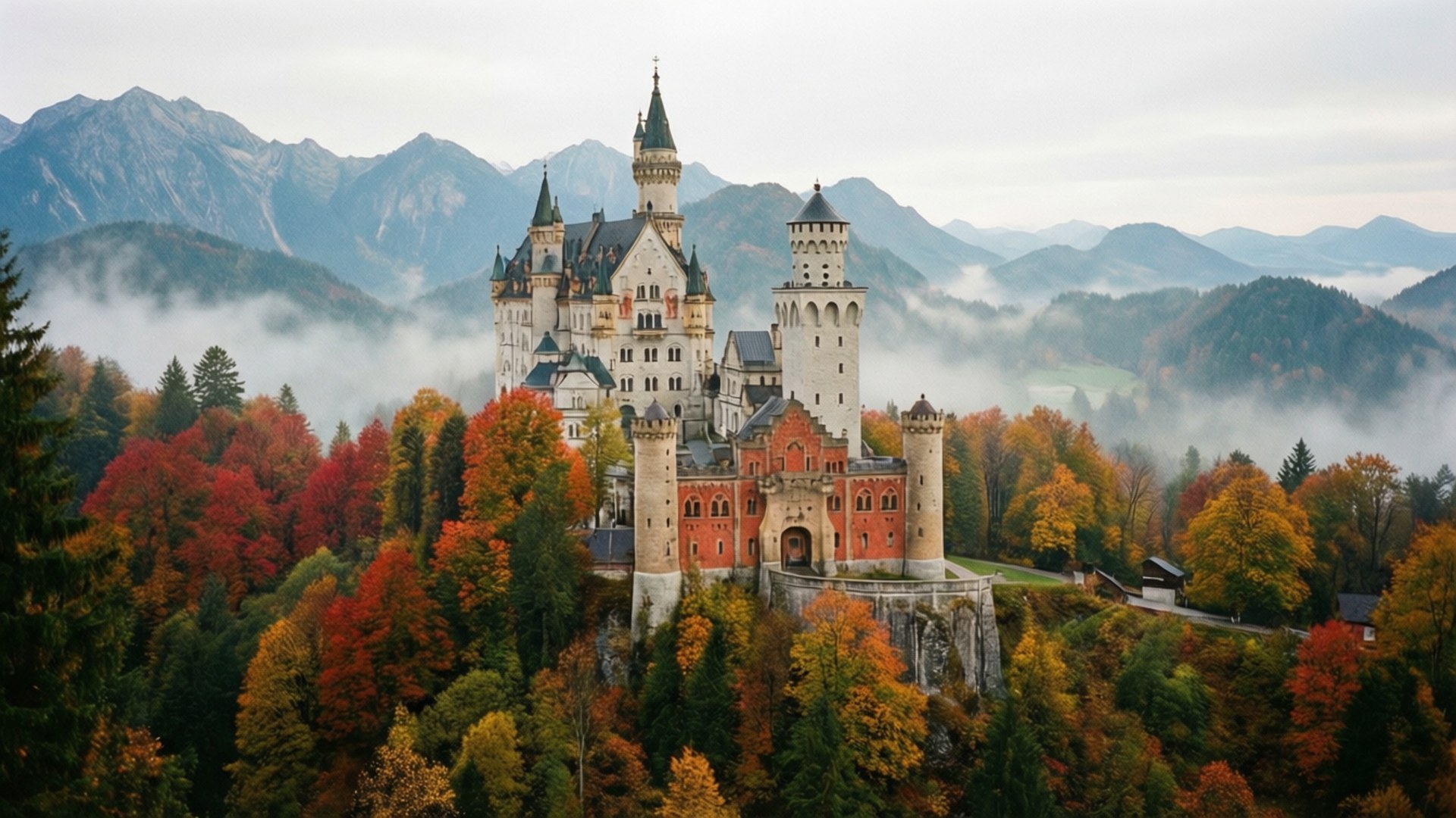 Fairytale Autumn 壁紙 — 一座宏偉的童話城堡坐落在懸崖頂上，周圍環繞著充滿活力的秋樹和霧氣繚繞的山脈。