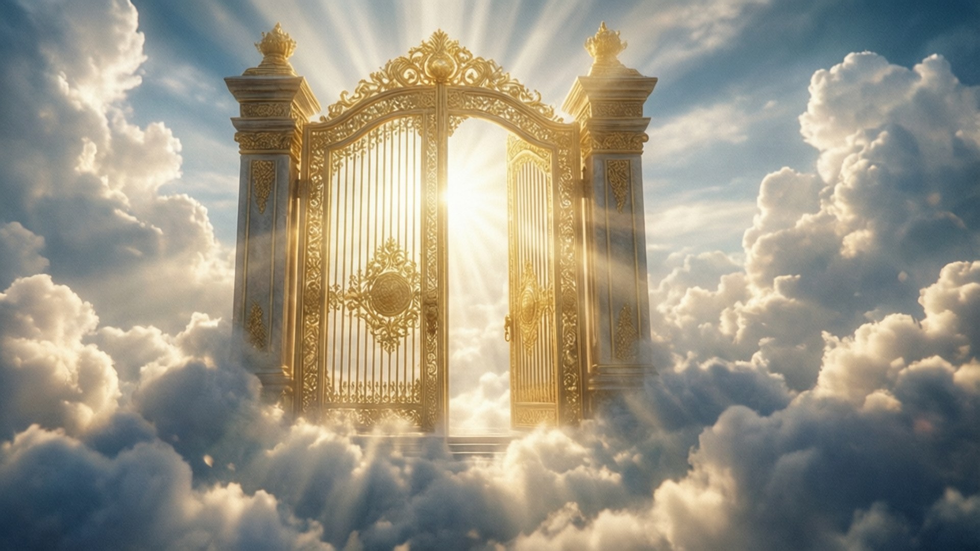 Golden Gates of Paradise 壁紙 — 一座宏偉的金色大門，帶有精緻雕刻，在蓬鬆的白雲中敞開，燦爛的陽光穿透而過。