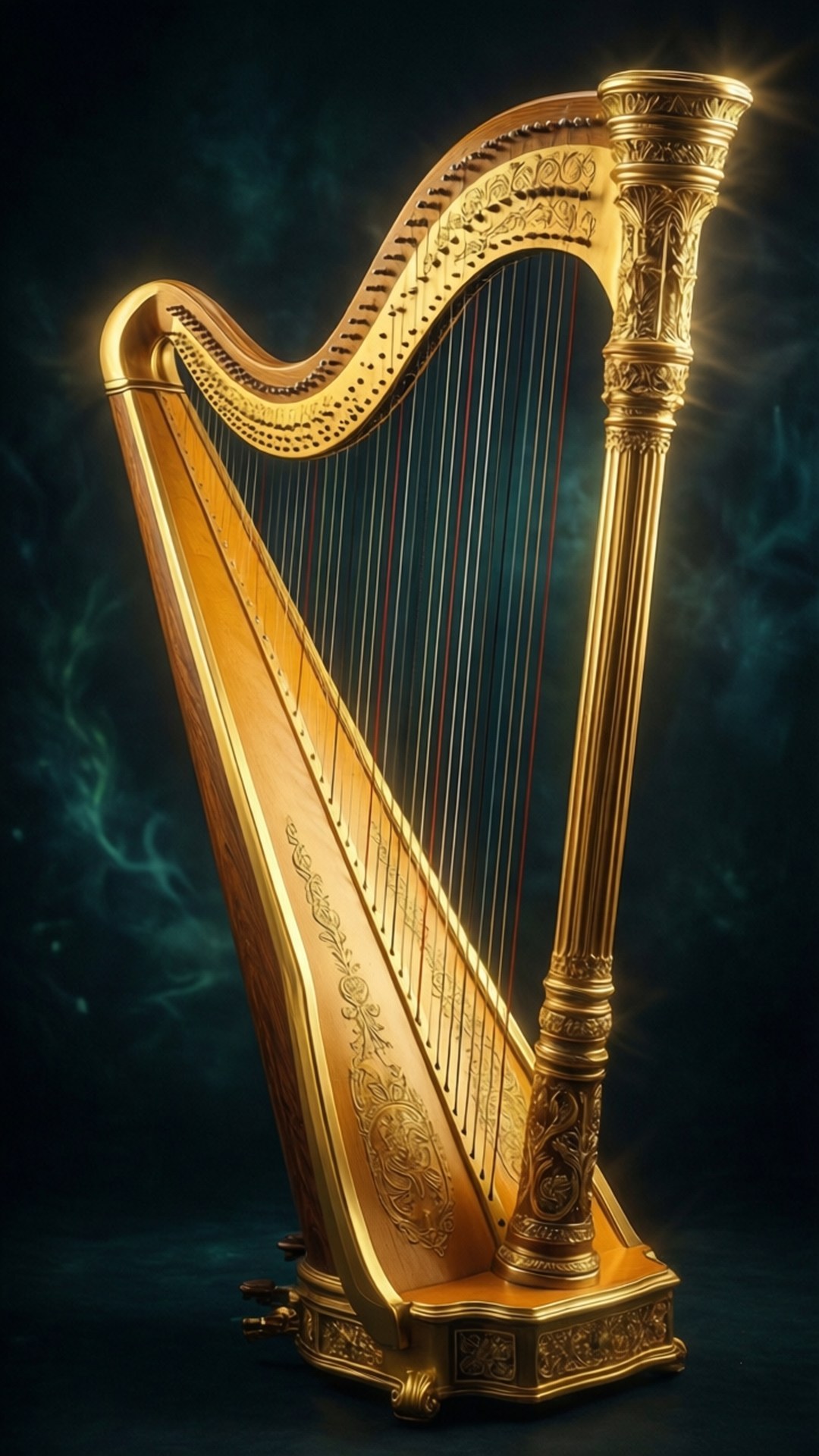 Irish 壁紙 — 一個帶有複雜雕刻的宏偉金色豎琴，在深藍綠色迷霧背景中閃耀。