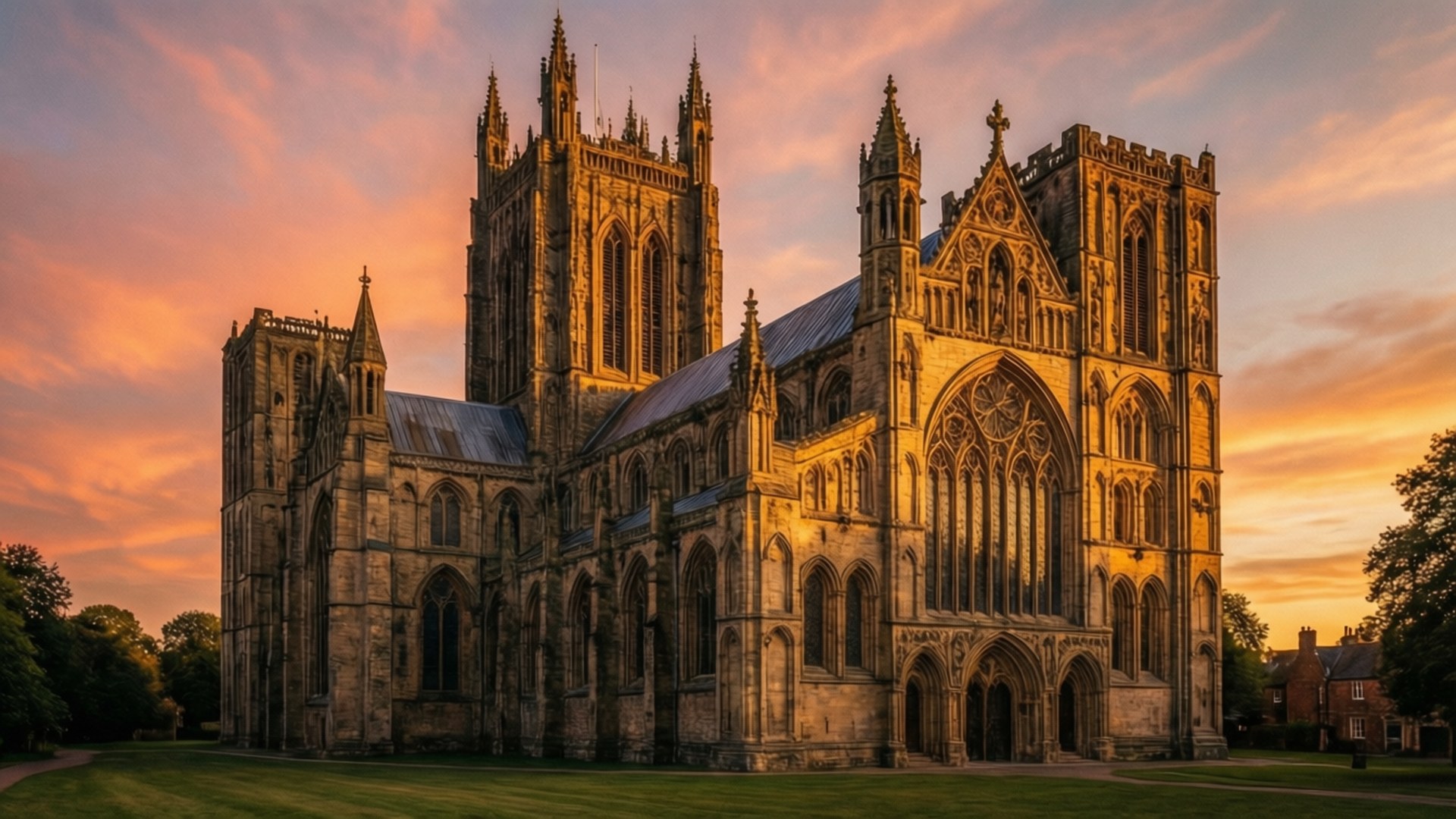 Ripon United Kingdom 桌布 壁紙 — 一座宏偉的哥德式大教堂沐浴在金黃色的日落光芒中，上方有火紅的橙色雲彩。