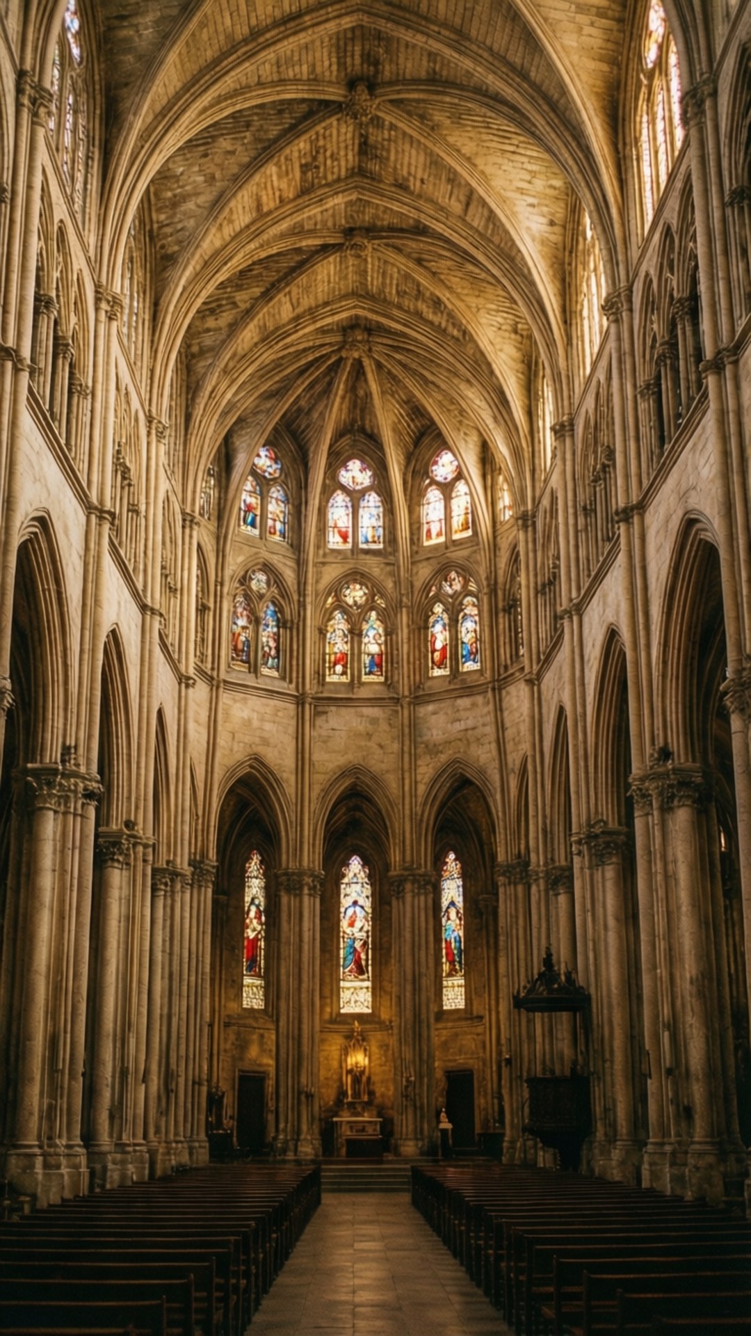 Almudena Cathedral Light 壁紙 — 宏偉的哥德式大教堂內部，高聳的拱形天花板、彩色玻璃窗和成排的木製長椅沐浴在溫暖的金色光芒中。