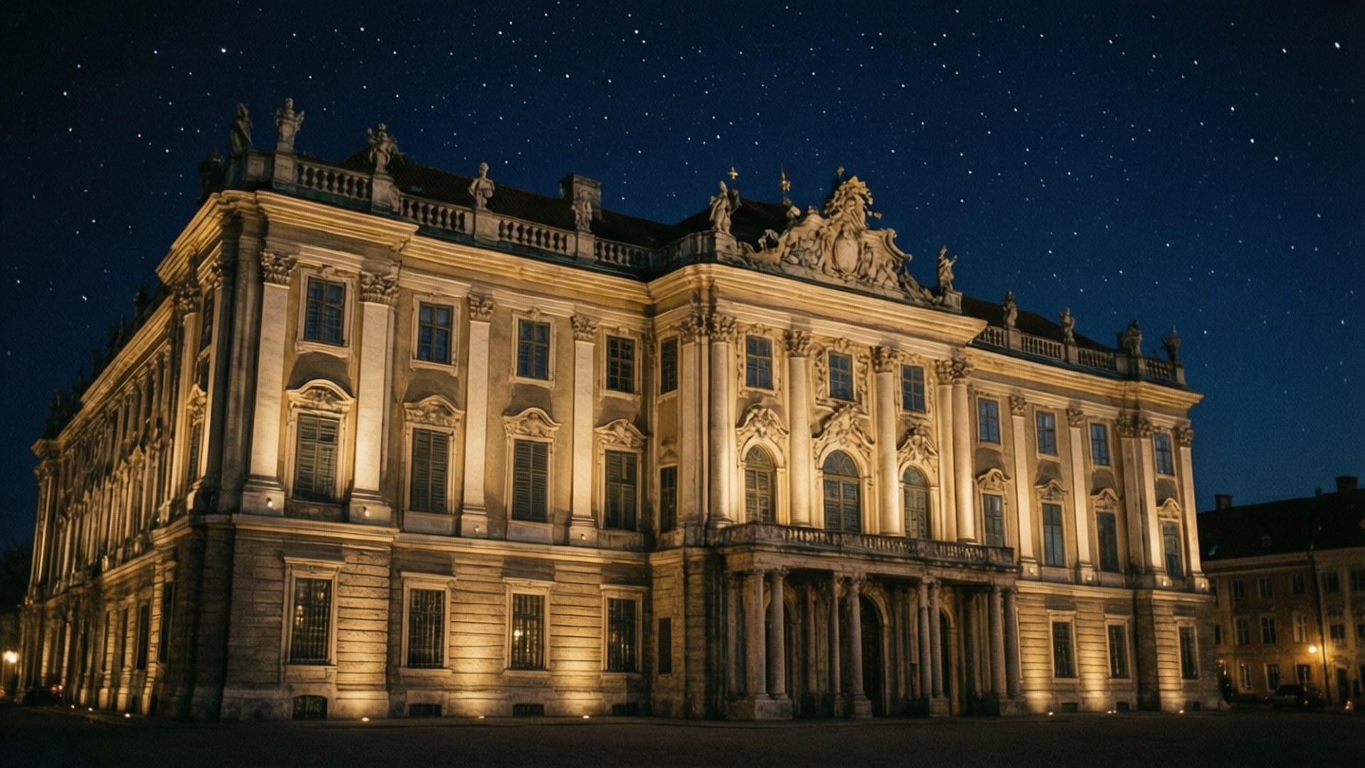 Palace by Night 壁紙 — 一座宏偉的巴洛克式宮殿在星空下巍然聳立，溫暖的金色燈光突顯其精緻的外牆。