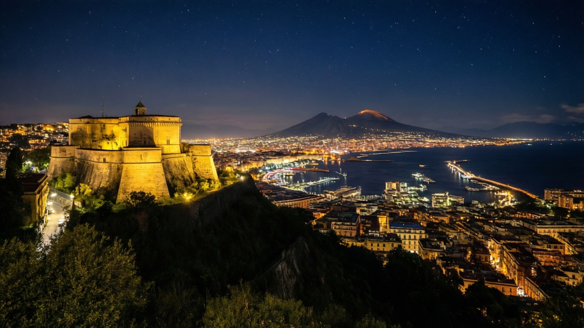 Naples Night from Vomero 壁紙 — 一座宏偉的照明堡壘棲息在山頂上，俯瞰著夜晚廣闊的海濱城市，遠處有一座發光的火山，在星空下。