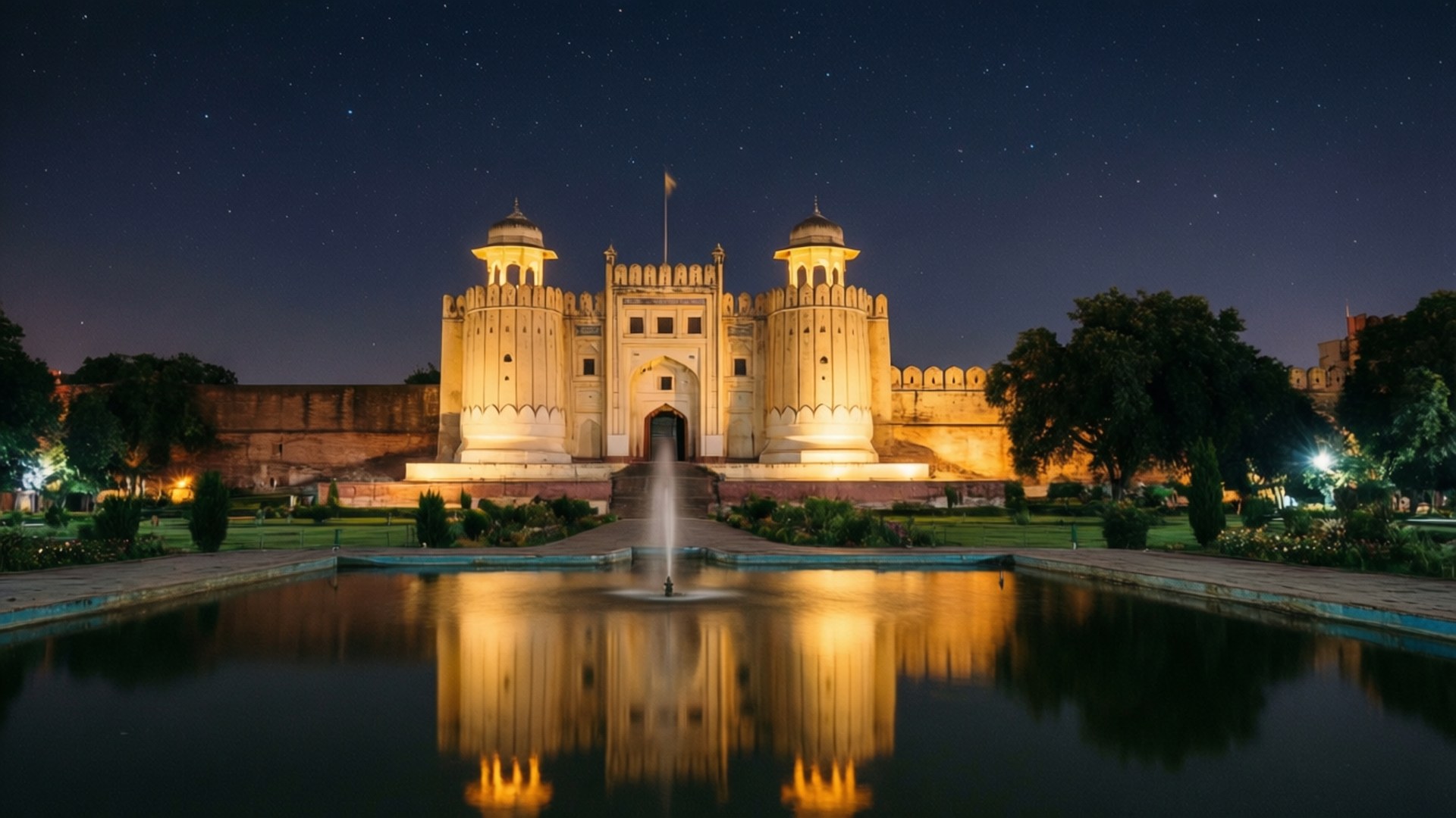 Lahore Fort Under the Stars 壁紙 — 一座宏偉的燈光城堡矗立在星空下，其倒影在下方寧靜的噴泉中閃爍。
