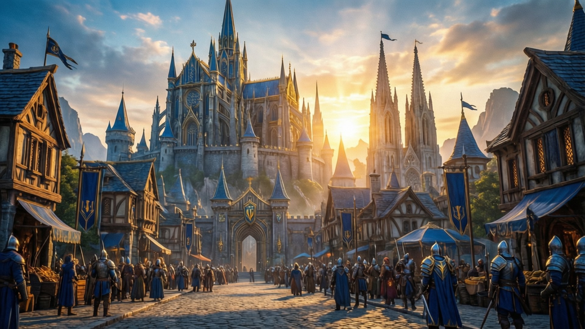 Stormwind City Sunrise 壁紙 — 一座宏偉的中世紀奇幻城市，擁有高聳的尖塔和鵝卵石街道，沐浴在金色的夕陽中。