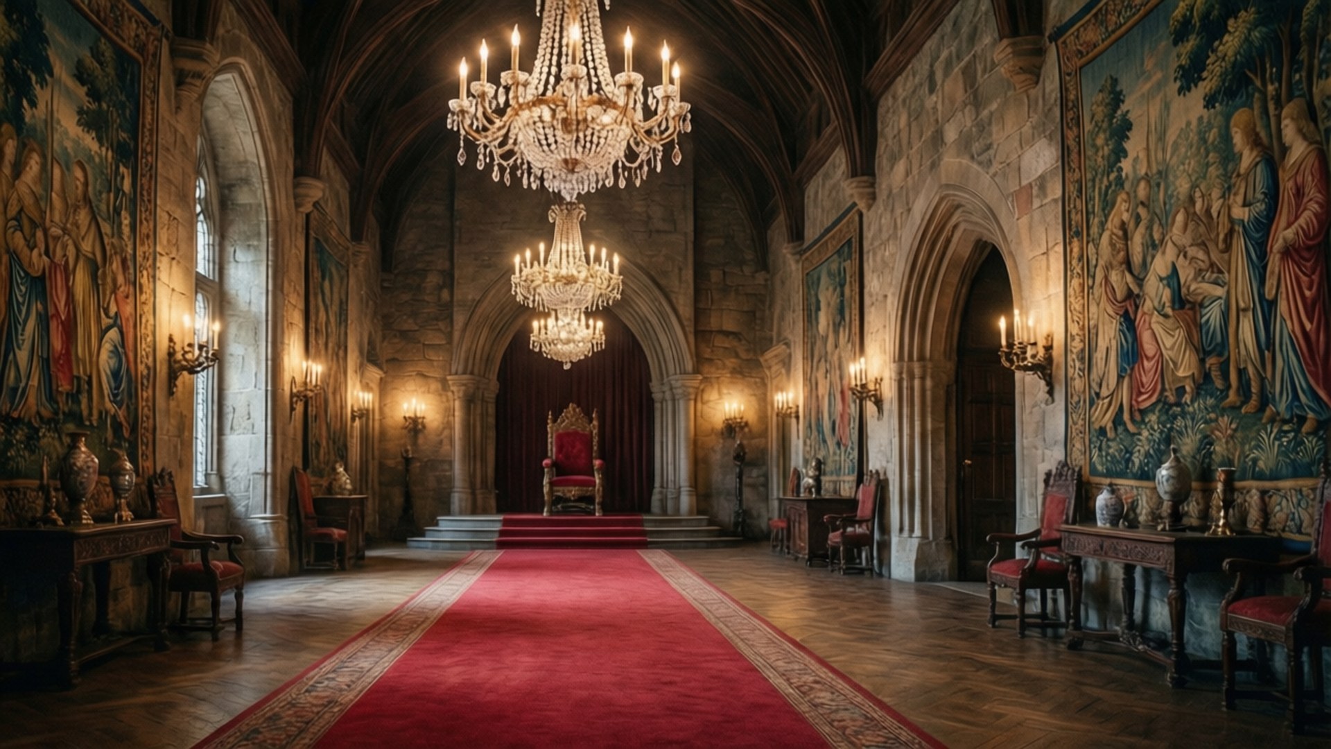 Throne Hall Splendor 壁紙 — 一個宏偉的中世紀大廳，設有石拱天花板、吊燈、紅地毯和掛毯，兩側是遠處的寶座。