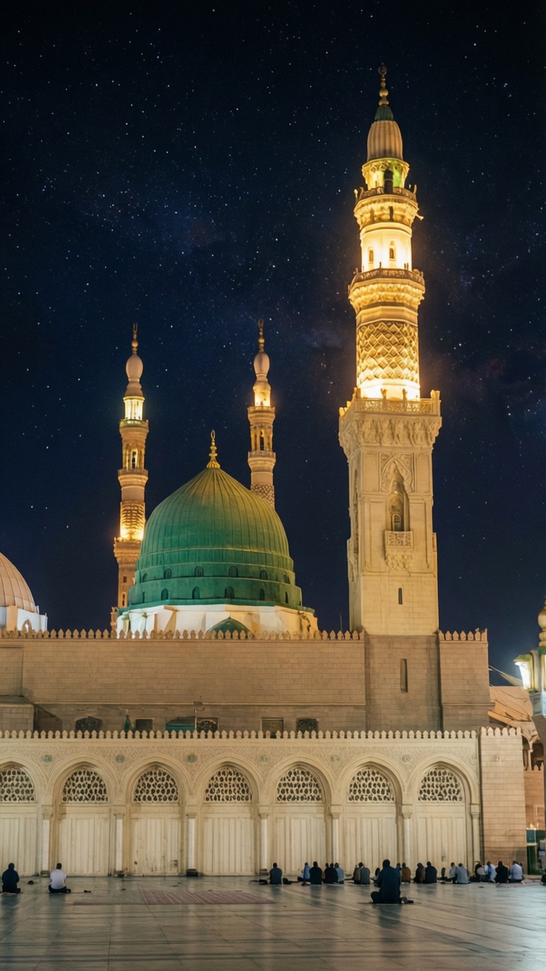 Prophet's Mosque Night 壁紙 — 一座宏偉的清真寺，帶有發光的綠色圓頂和照亮的光塔，矗立在星空下，信徒們坐在庭院地板上祈禱。