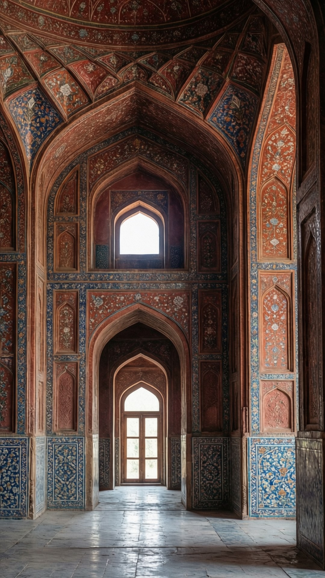 Badshahi Mosque Interior Tiles 壁紙 — 一條宏偉的蒙兀兒風格走廊，帶有複雜的紅、藍、金瓷磚拱門，通向一扇陽光照射的木門。