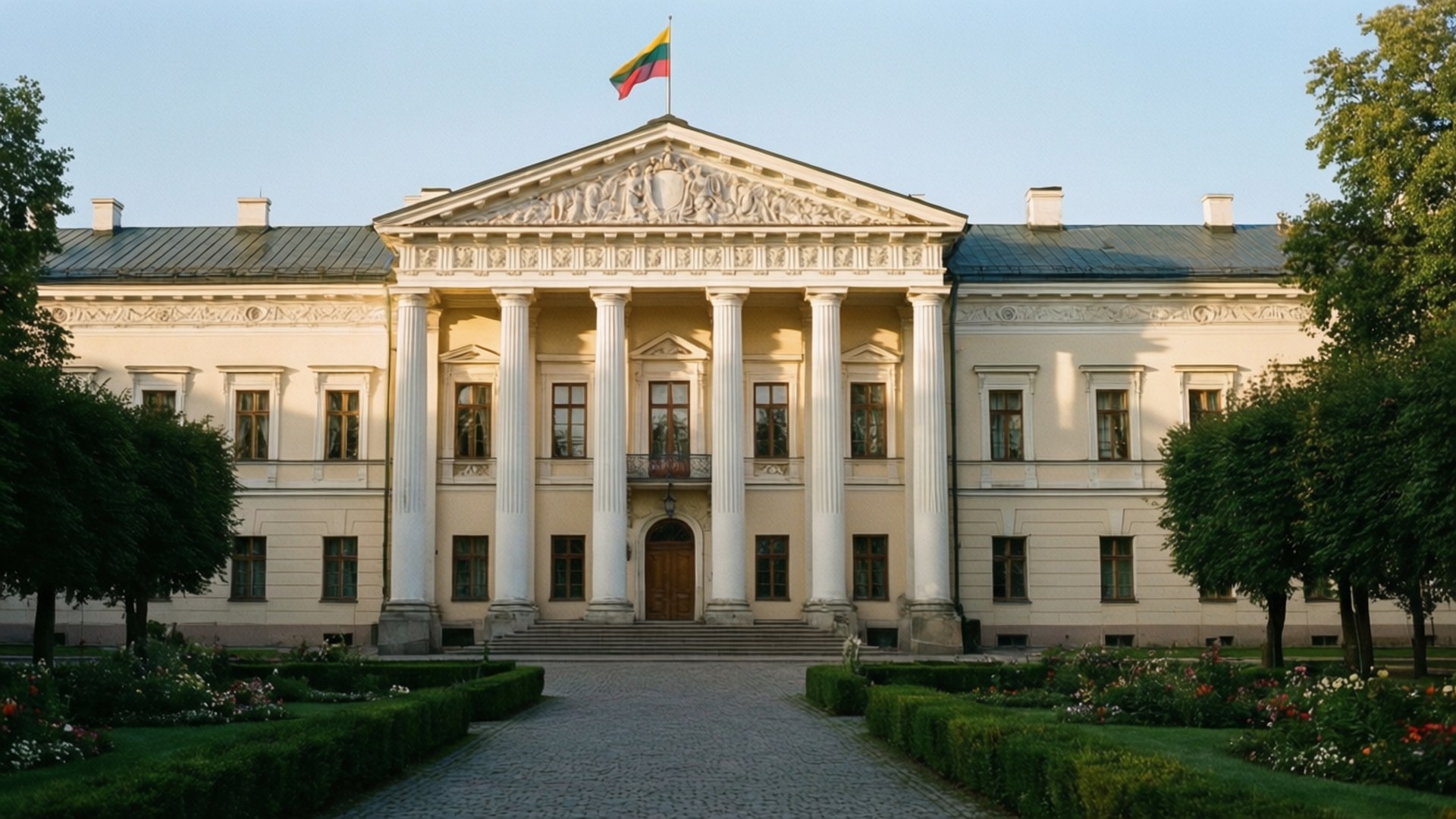 Presidential Palace Morning 壁紙 — 一座宏偉的新古典主義宮殿，擁有白色圓柱，立面上飄揚著立陶宛國旗，周圍是修剪整齊的花園和樹木。