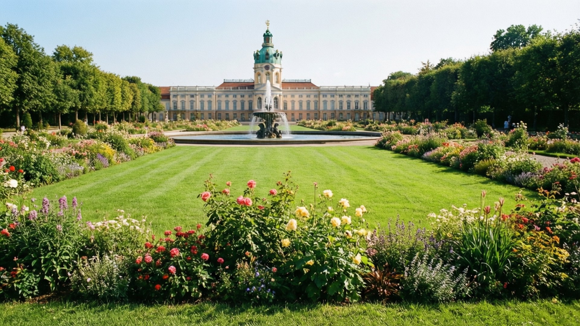 Charlottenburg Gardens 壁紙 — 一座宏偉的宮殿，擁有綠色圓頂，矗立在圓形噴泉後方，花園經過精心修剪，充滿色彩繽紛的花朵，在清澈的藍天下。