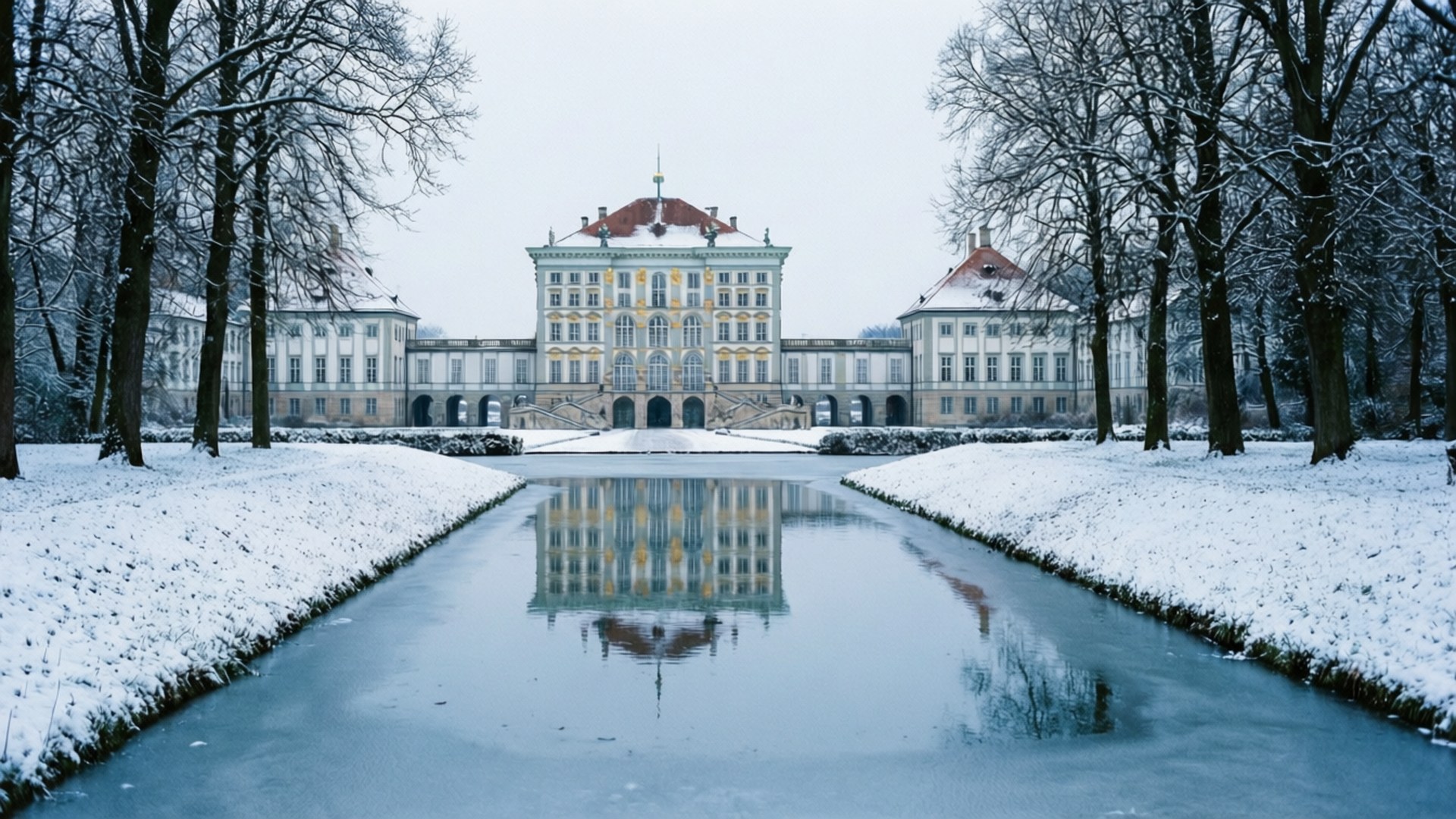 Snowy Nymphenburg Palace 壁紙 — 一座宏偉的雪覆蓋巴洛克式宮殿完美地倒映在一條結冰的運河中，兩旁是光禿禿的冬季樹木。