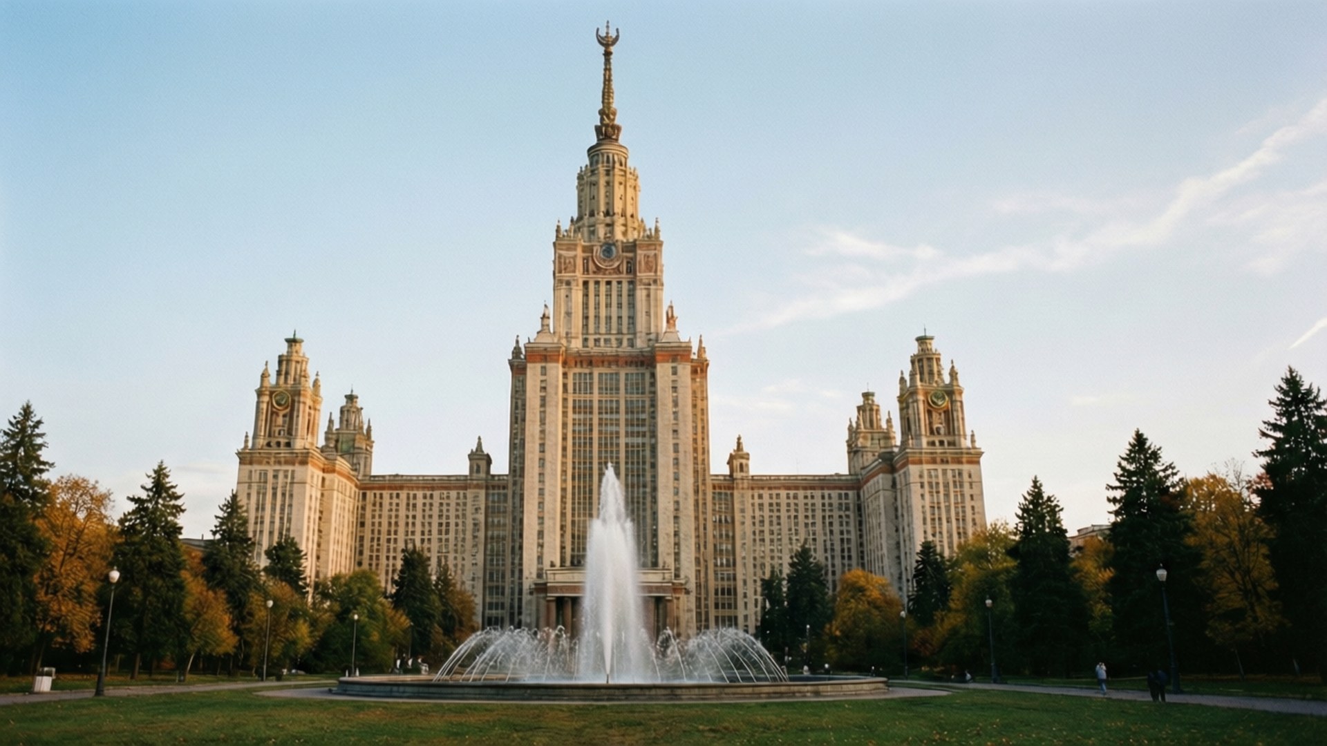 Stalin's Gothic Dream 壁紙 — 一座宏偉的史達林風格大學建築，中央有尖頂和噴泉，前面被秋樹環繞。