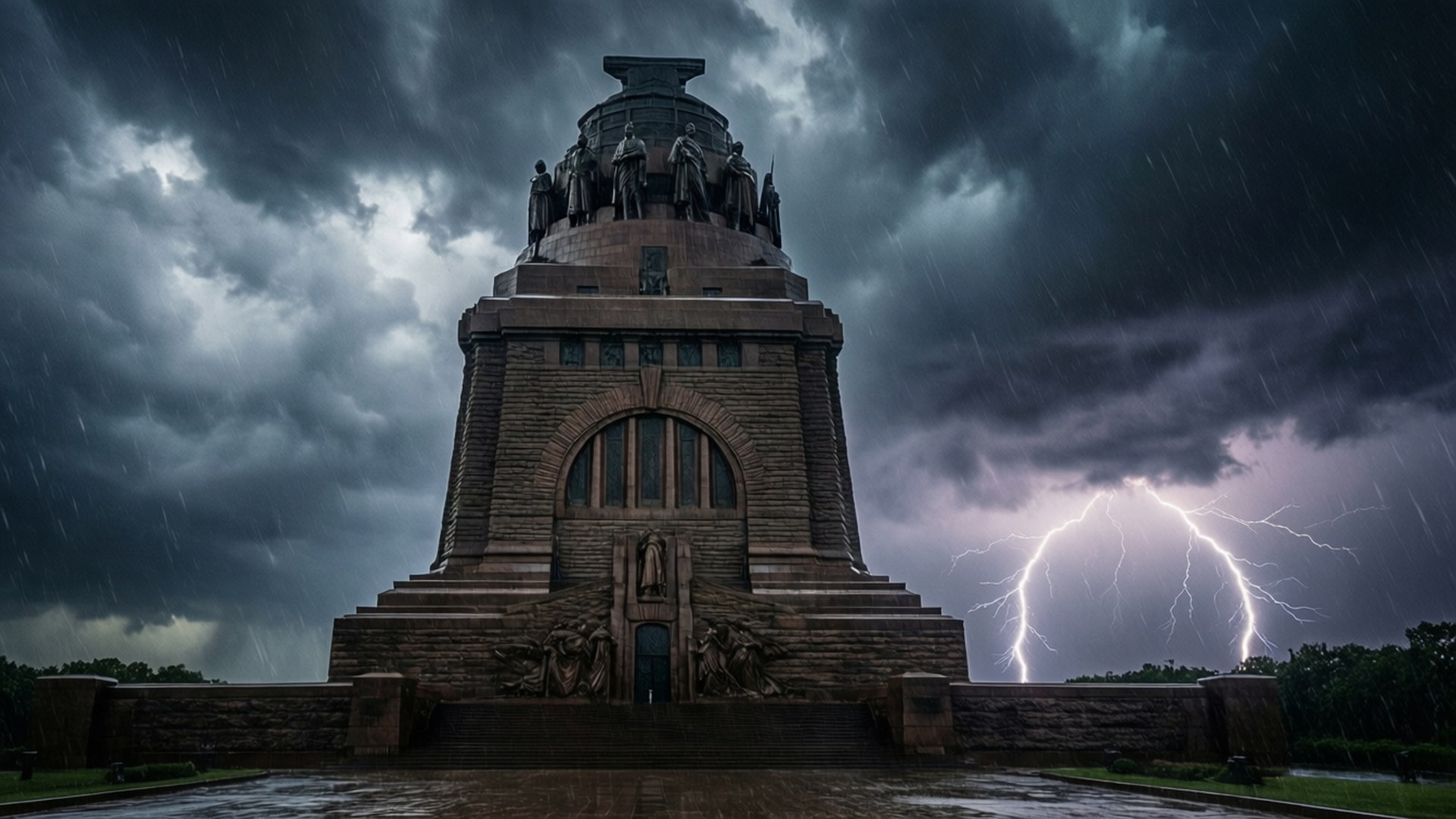 Storm Over the Monument 壁紙 — 一座宏偉的石碑在暴風雨的天空下莊嚴矗立，閃電在其後方戲劇性地分叉。