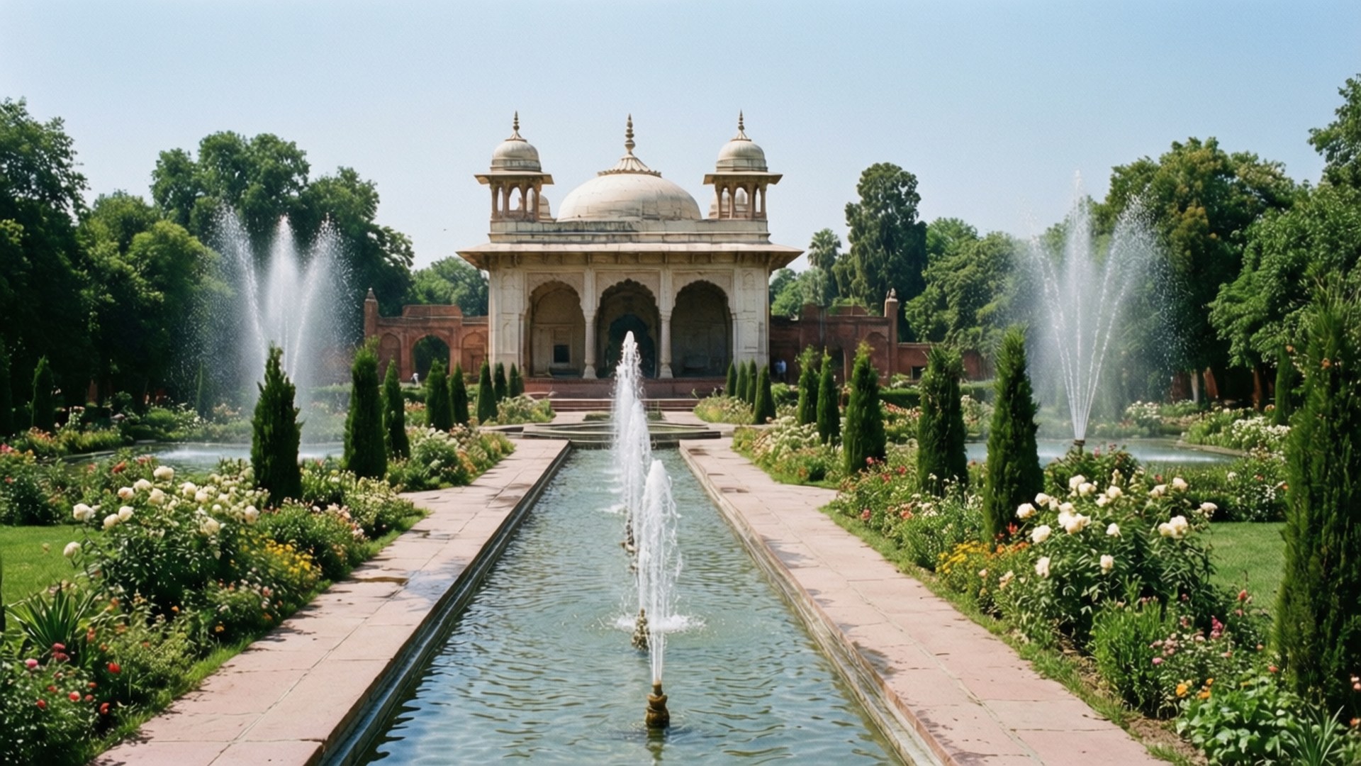 Shalimar Gardens Serenity 壁紙 — 一個宏偉的對稱花園，設有噴泉和中央涼亭，在晴朗的藍天下。