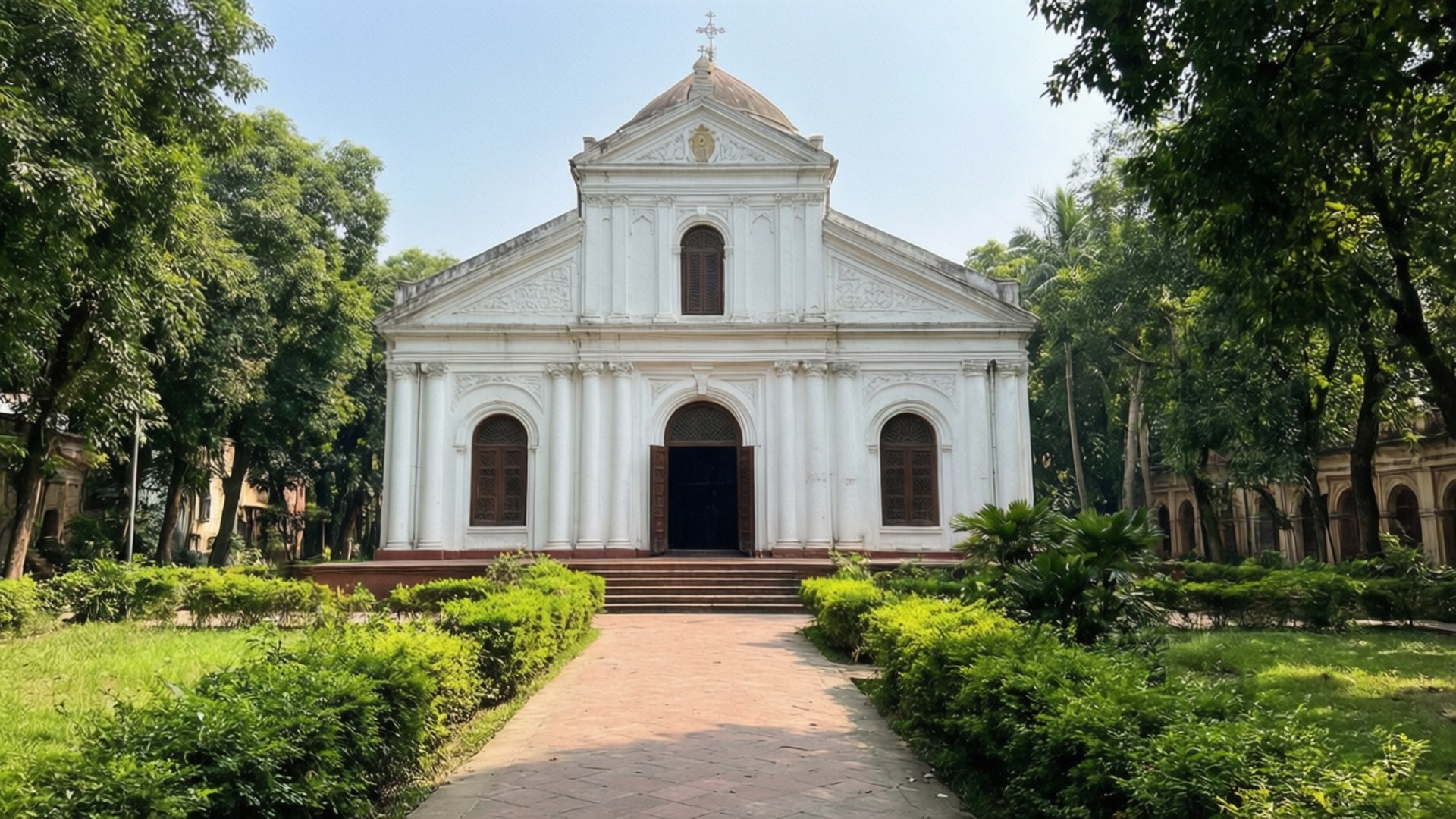 Armenian Church Serenity 壁紙 — 一座宏偉的白色殖民風格教堂，擁有拱形窗戶和圓頂，矗立在磚砌小徑的盡頭，周圍環繞著茂密的綠樹和修剪整齊的樹籬，頭頂是清澈的藍天。