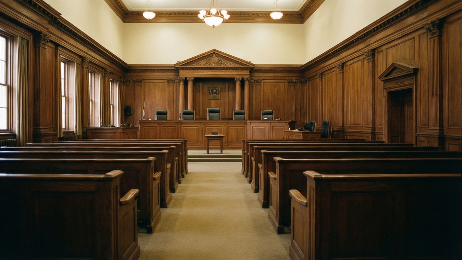 Empty Courtroom 壁紙 — 一個宏偉的木製法庭，長椅排列整齊，面向溫暖吊燈下的高台法官席。