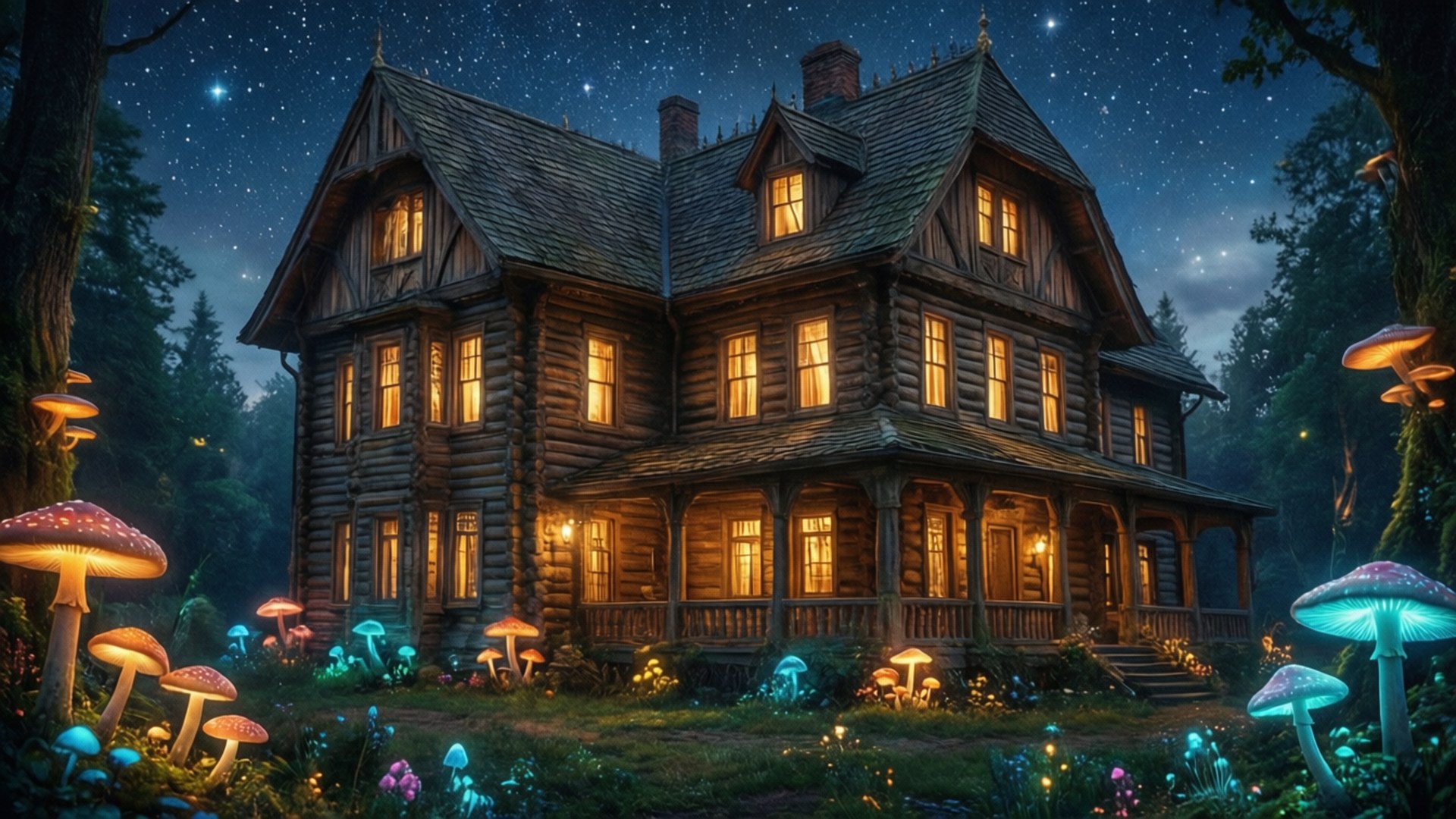 Fantasy Wooden Mansion 壁紙 — 一間帶有發光窗戶的大木屋，在星空下，被森林中的生物發光蘑菇包圍。