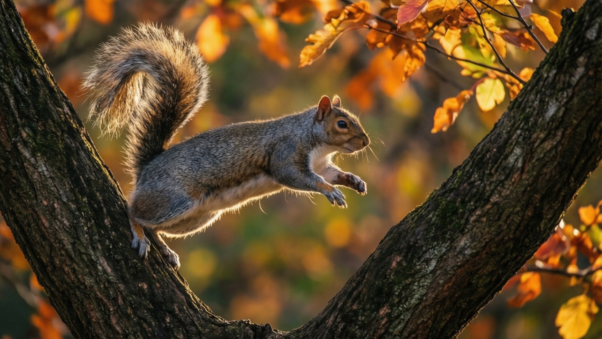 Leaping through Autumn 壁紙 — 一隻灰色松鼠在溫暖的秋葉背景下，優雅地在樹枝間跳躍。