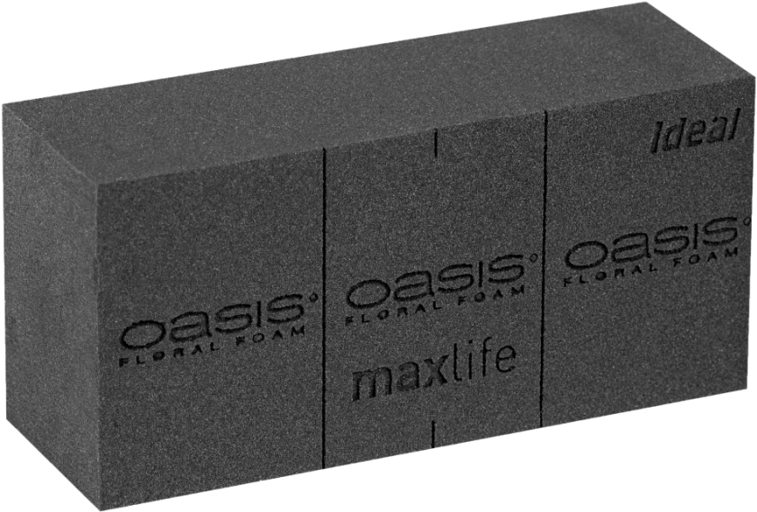 綠洲 桌布 壁紙 — Oasis Floral Foam 的灰階盒子，帶有「Ideal」和「maxlife」標籤，以3D渲染顯示。