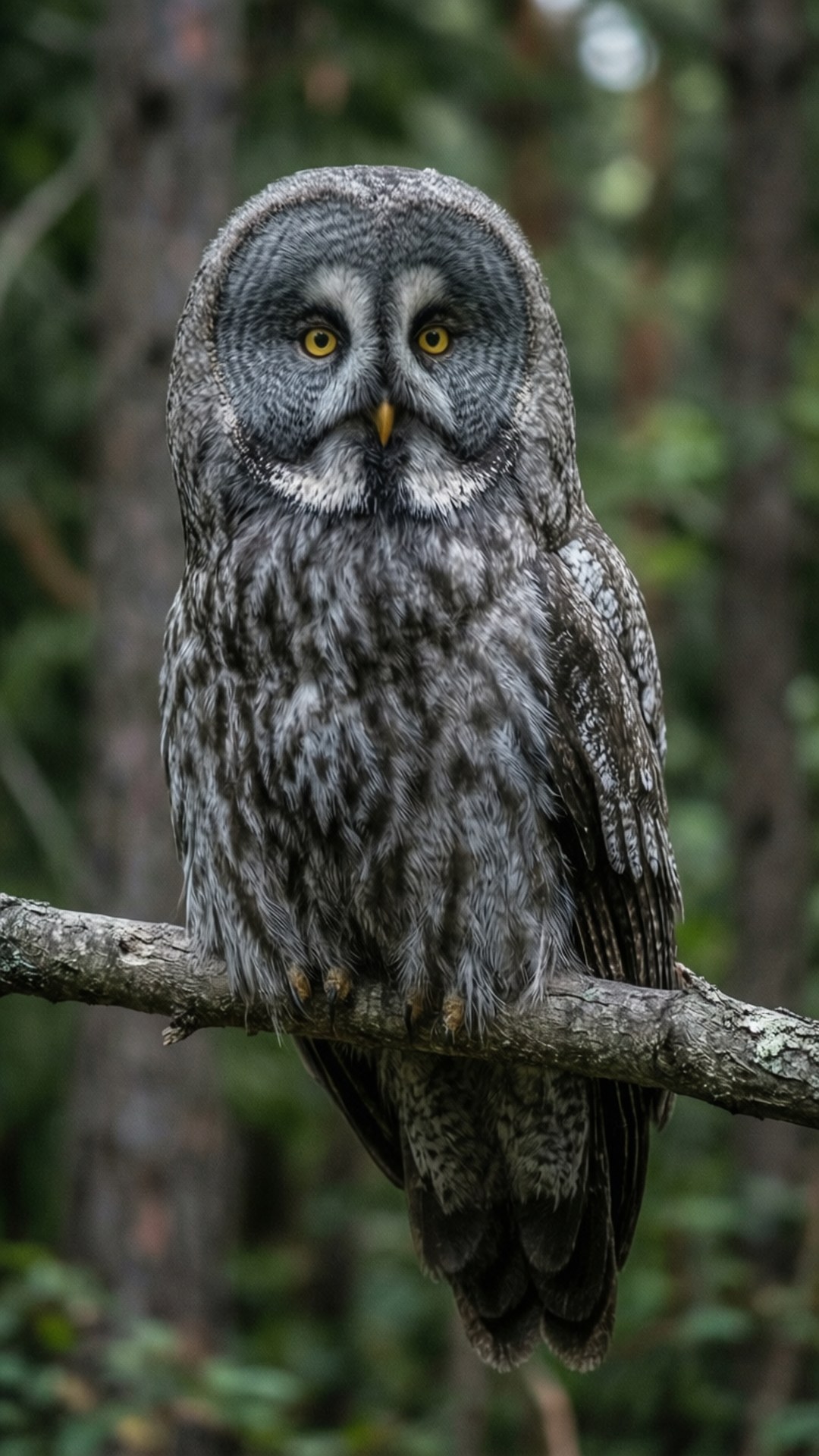 Grey Owl on Branch 壁紙 — 一隻大灰鴞警覺地棲息在茂密森林中長滿苔蘚的樹枝上，背景是柔和散景。