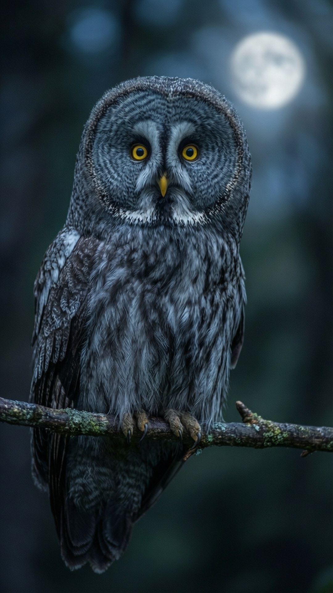 Mystical Gray Owl 壁紙 — 一隻大灰鴞棲息在長滿苔蘚的樹枝上，背景是黑暗森林中的滿月。