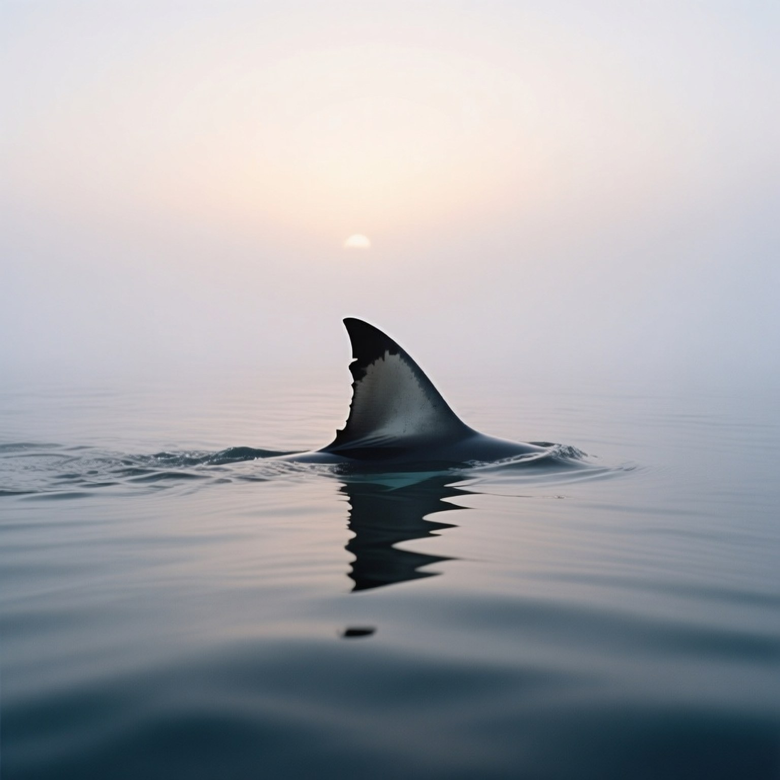 Fin at Dawn 壁紙 — 一條大白鯊的背鰭劃破黎明時平靜的海面，遠處迷霧中有一輪柔和發光的太陽。