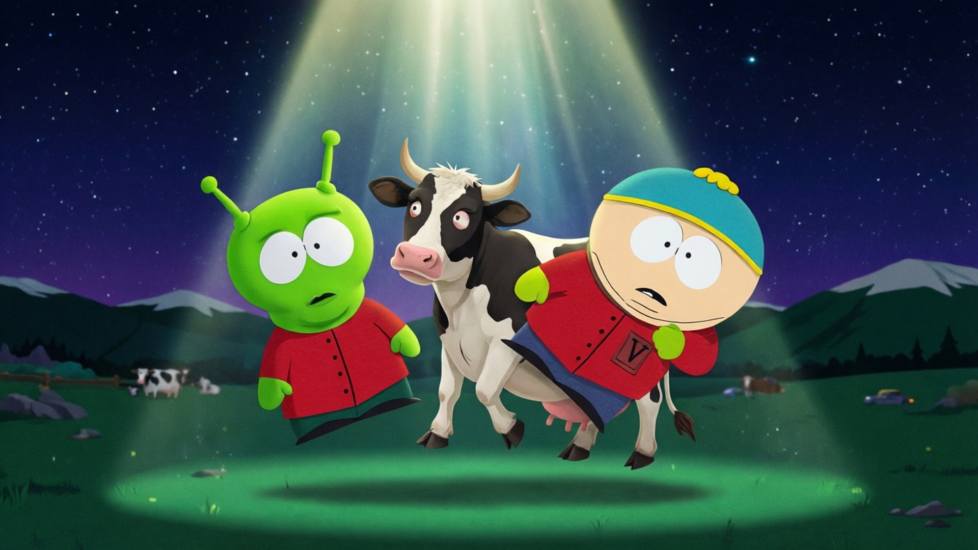 Alien Abduction 壁紙 — 一個綠色外星人和一個穿著紅色外套的男孩站在一頭黑白相間的牛旁邊，背景是星光燦爛的夜空和光束。