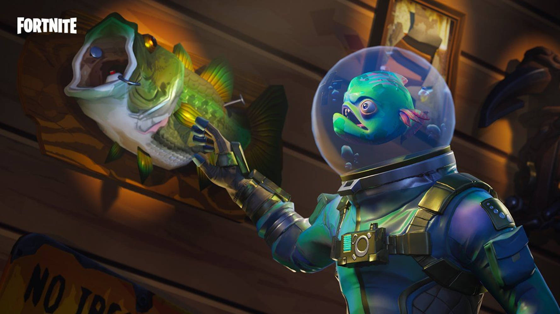 一條戴著太空頭盔的卡通魚，抱著一條掛在木牆上的魚。 — Fortnite 壁紙