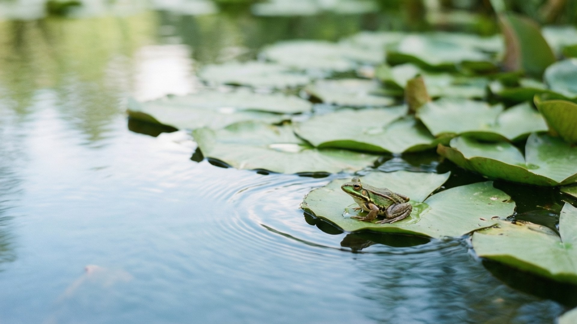 Pond Lily Frog 壁紙 — 一隻綠色青蛙在平靜的水面上的一片荷葉上休息，漣漪向外擴散。