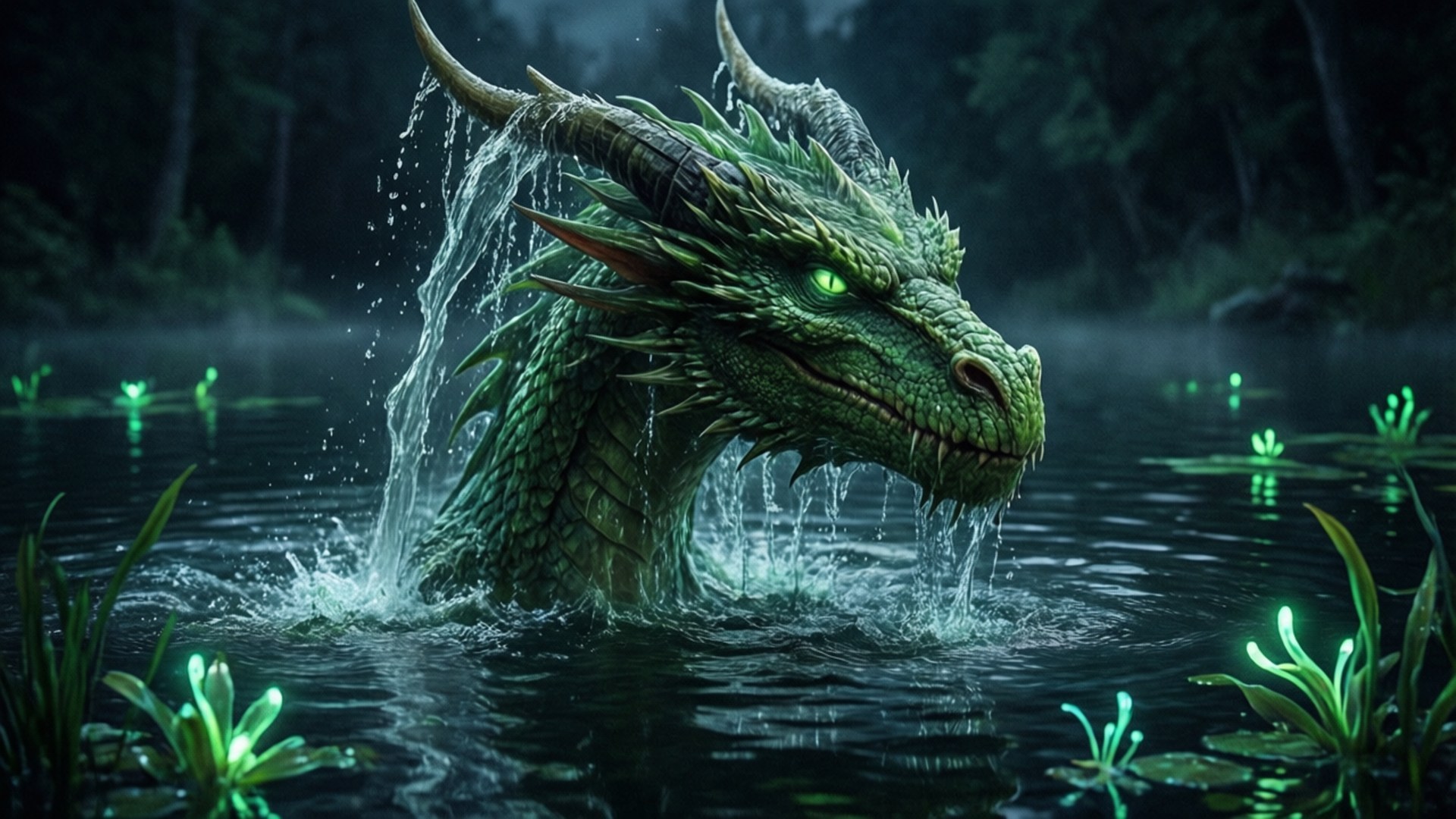 Emergence from the Dark Lake 壁紙 — 一隻綠色有鱗的龍，眼睛發光，從黑暗的水中浮現，周圍是發光的植物，在霧氣瀰漫的森林中。