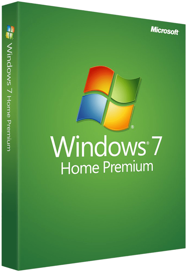 Windows 7 Home Premium軟體零售盒，綠色背景和彩色標誌。 — Windows 11 壁紙