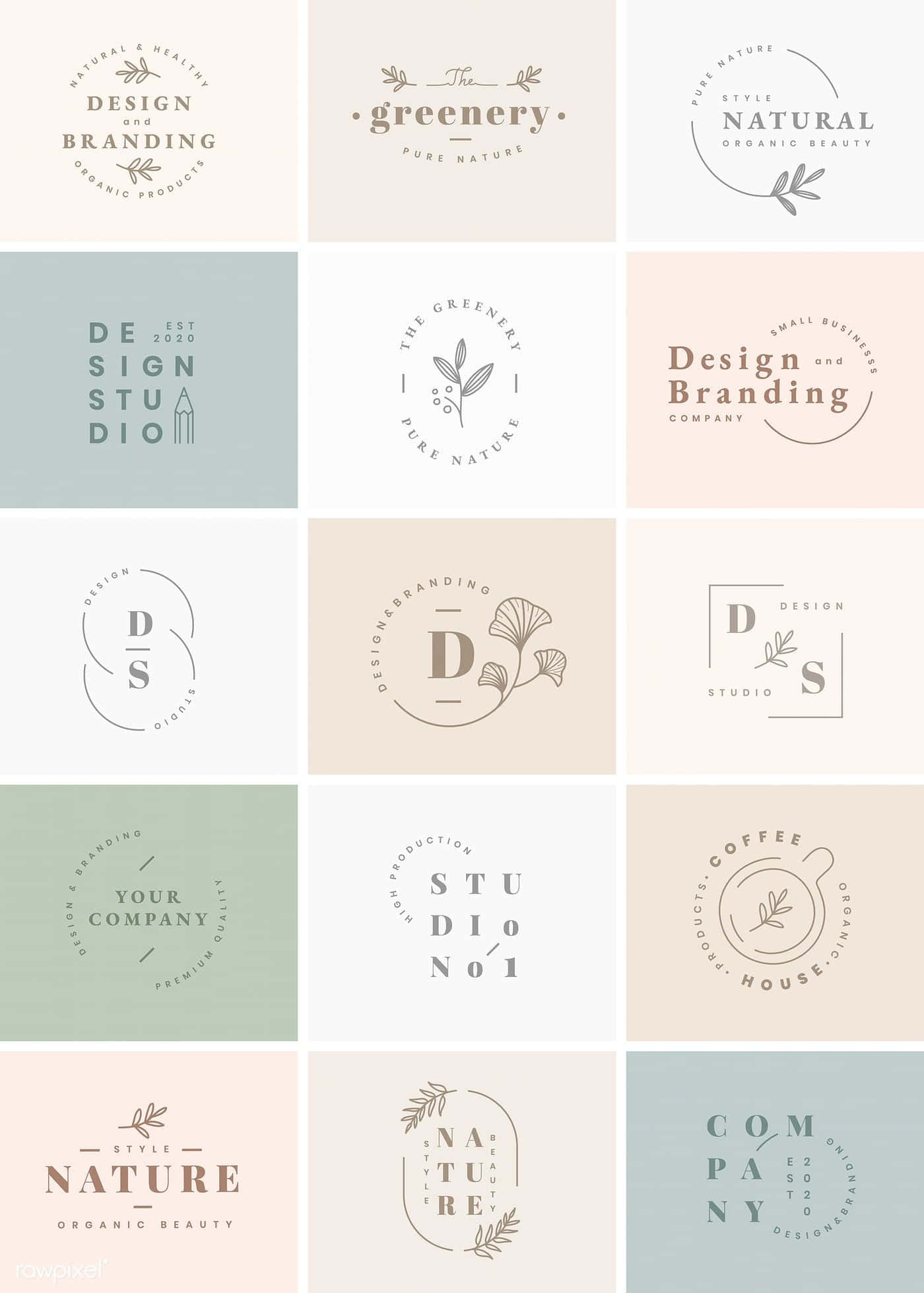 Minimalist Logo 桌布 壁紙 — 一個極簡標誌設計的網格，以自然啟發的字體和葉子圖案為特色，搭配柔和粉彩背景。