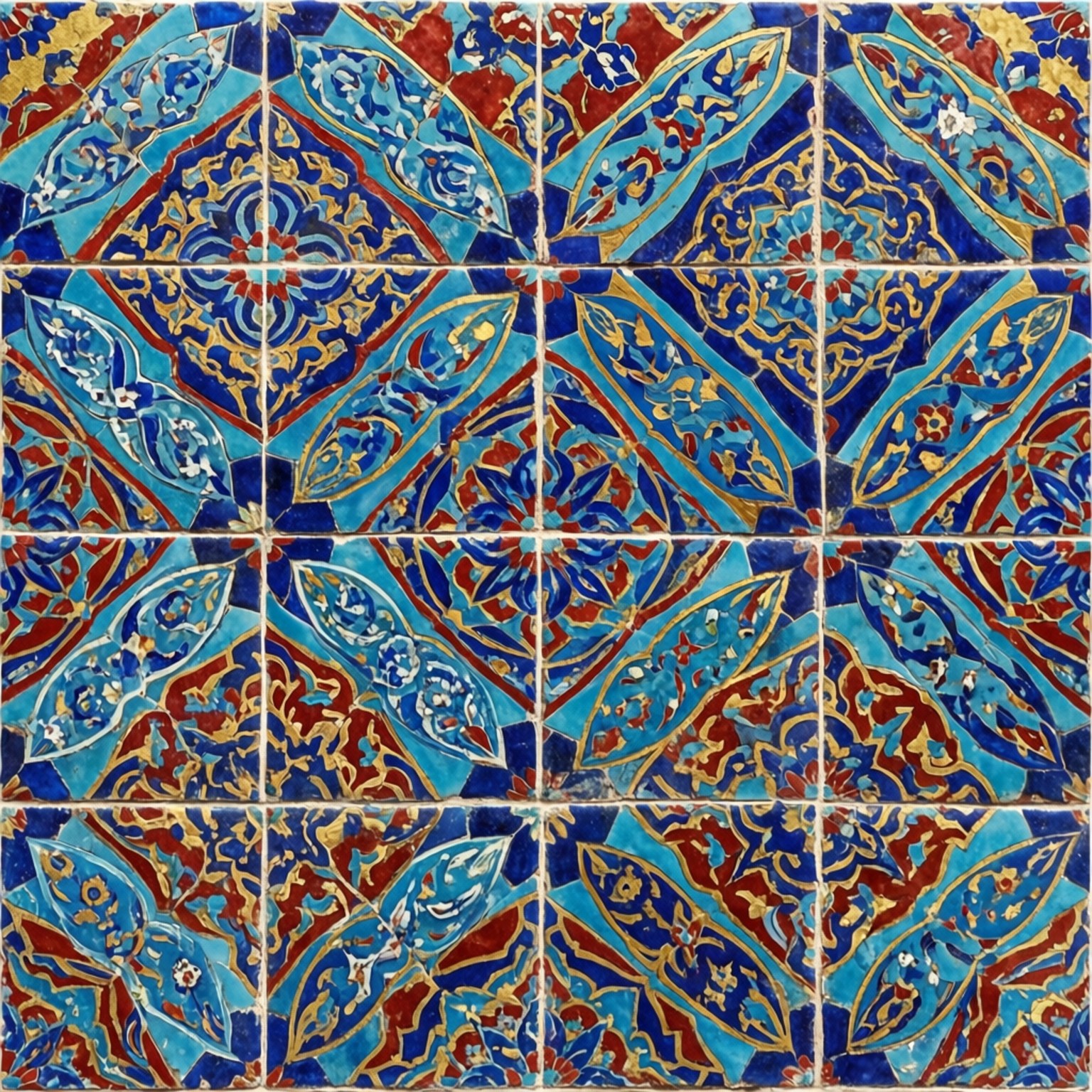 Turkish Tile Pattern 壁紙 — 裝飾性陶瓷磚的網格，帶有複雜的藍色、紅色和金色花卉和幾何圖案。