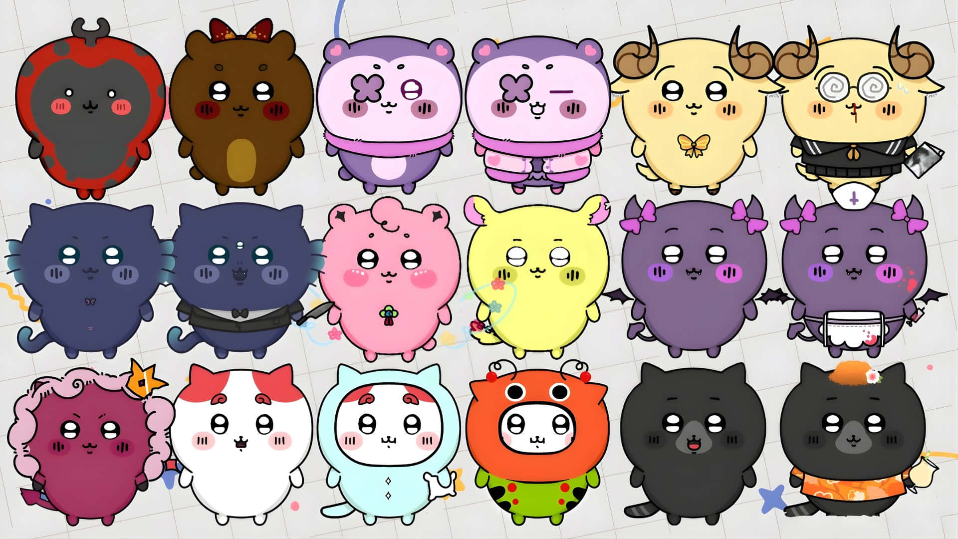  壁紙 — 一個由十六個可愛的chibi風格動物角色組成的網格，他們穿著各種色彩繽紛的服裝和表情，背景是有線的紙。