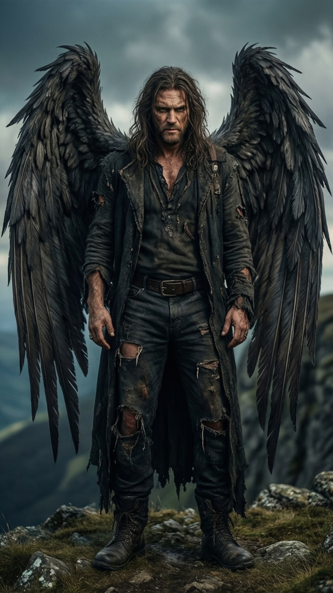 Fallen Angel 壁紙 — 一個陰沉的天使，擁有巨大的黑色翅膀，站在岩石峭壁上，穿著破爛的深色衣服，在暴風雨的天空下。